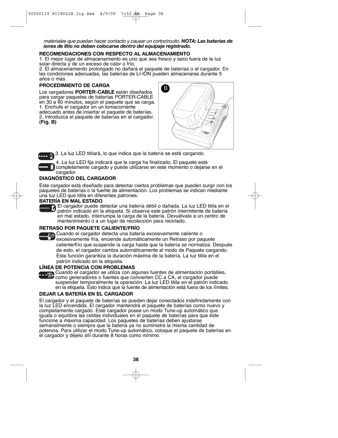 Porter-Cable PC1800JS Recomendaciones CON Respecto AL Almacenamiento, Procedimiento DE Carga, Diagnóstico DEL Cargador 