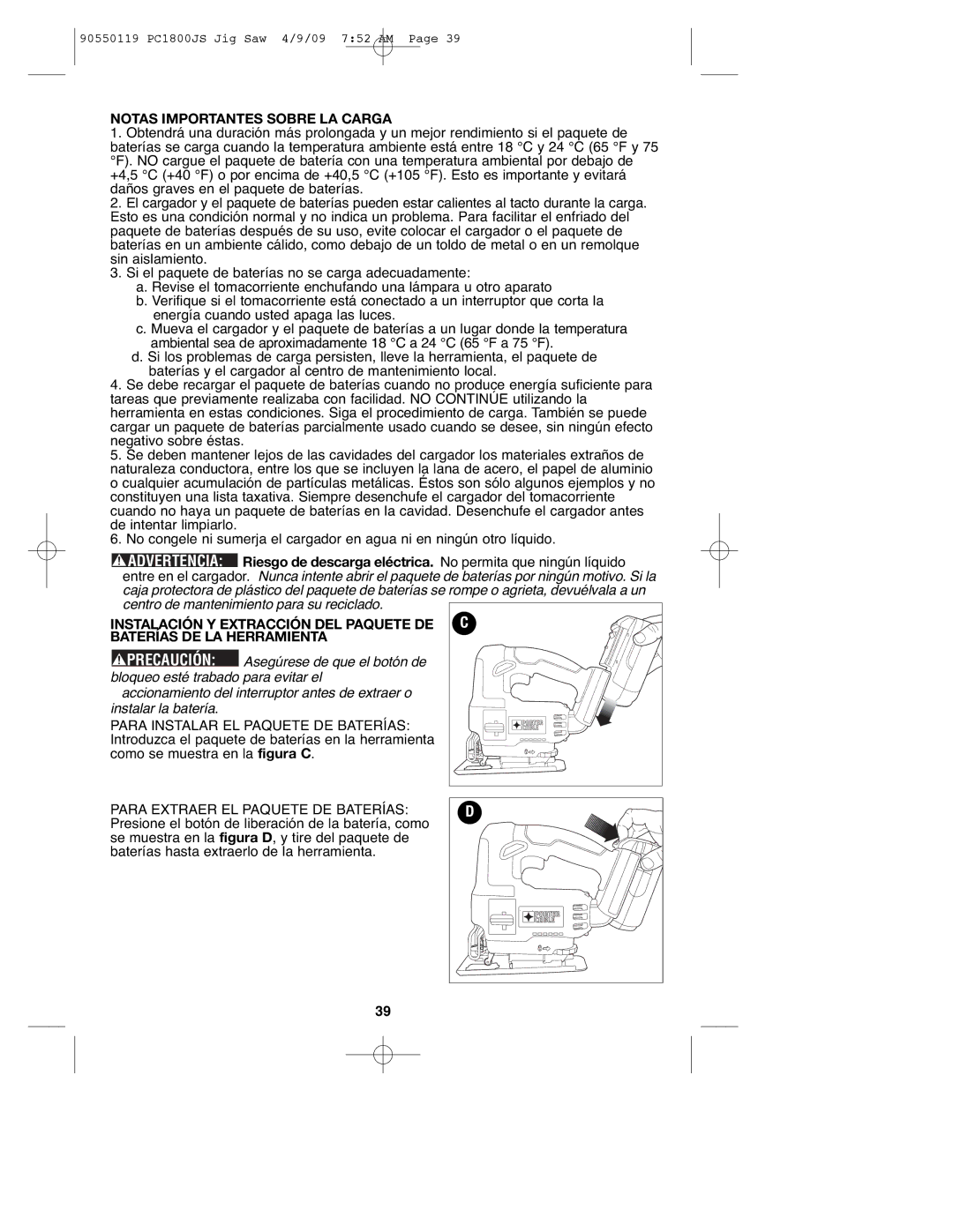 Porter-Cable 90550119, PC1800JS instruction manual Precaución, Notas Importantes Sobre LA Carga 