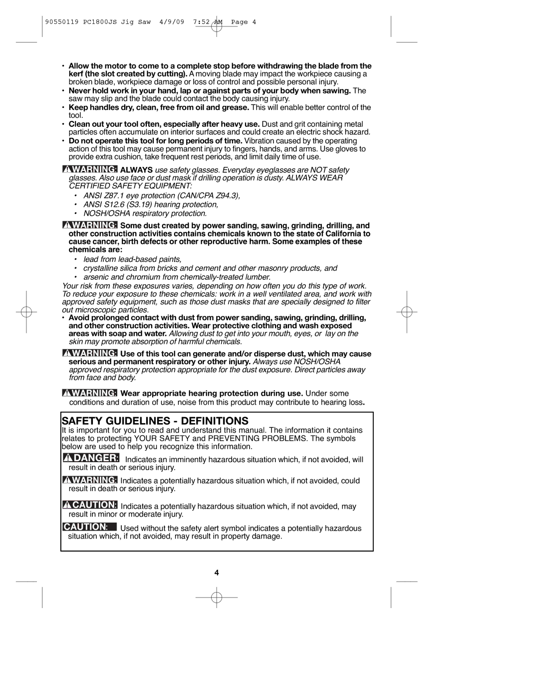 Porter-Cable PC1800JS, 90550119 instruction manual Safety Guidelines Definitions 