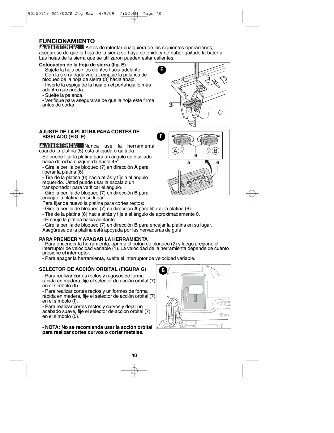 Porter-Cable PC1800JS, 90550119 instruction manual Funcionamiento, Ajuste DE LA Platina Para Cortes DE Biselado FIG. F 