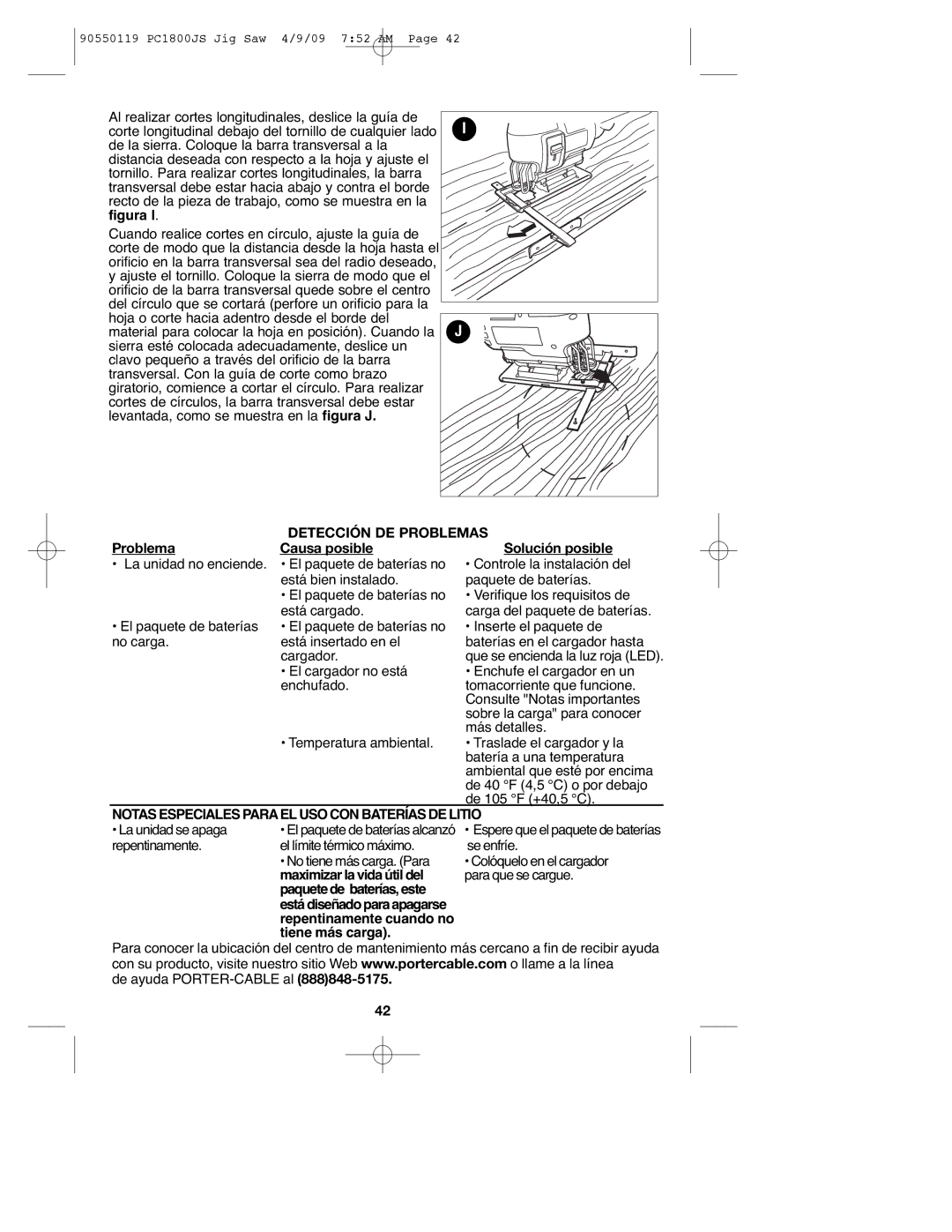 Porter-Cable PC1800JS, 90550119 instruction manual Detección DE Problemas, Notas Especiales Paraeluso CON Baterías DE Litio 