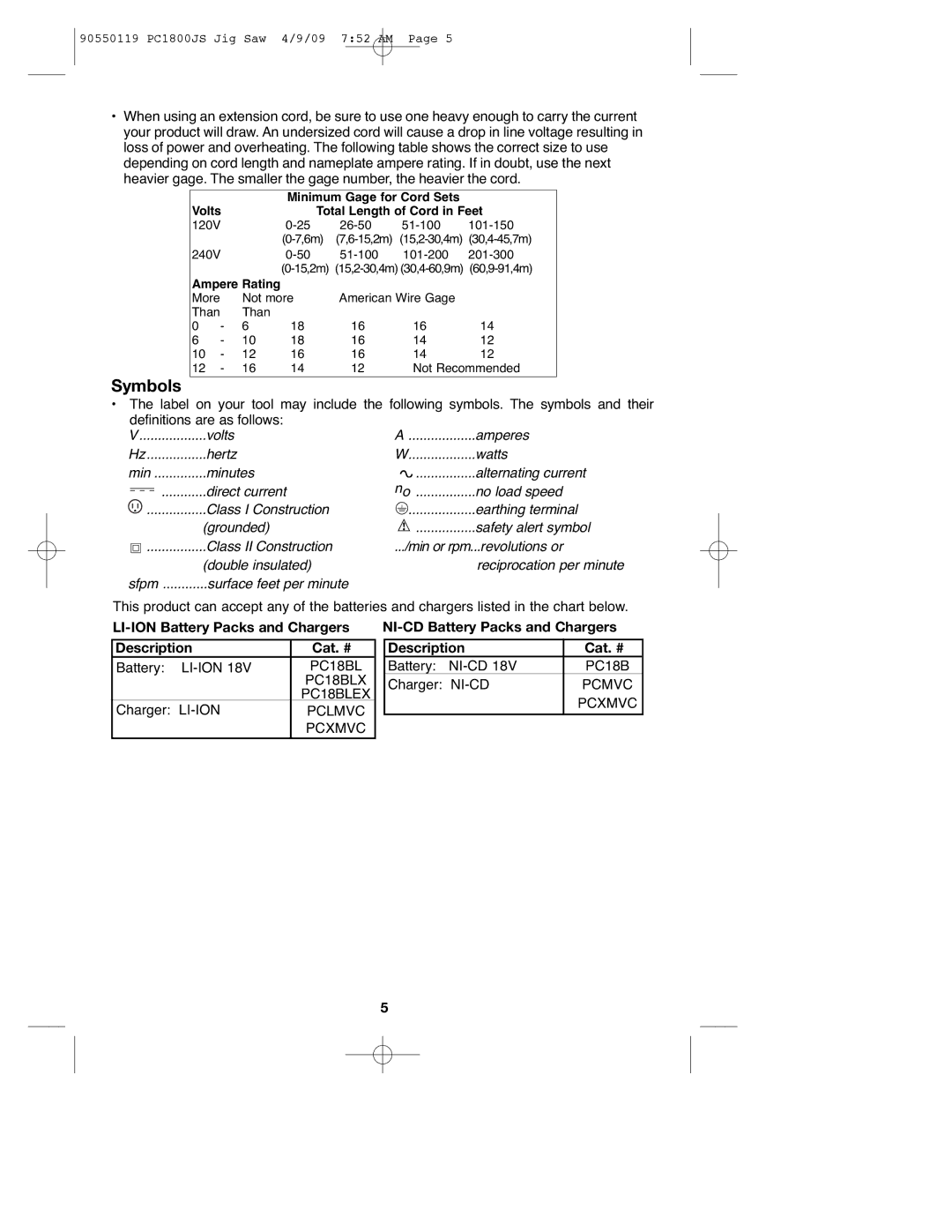 Porter-Cable 90550119, PC1800JS instruction manual Symbols 