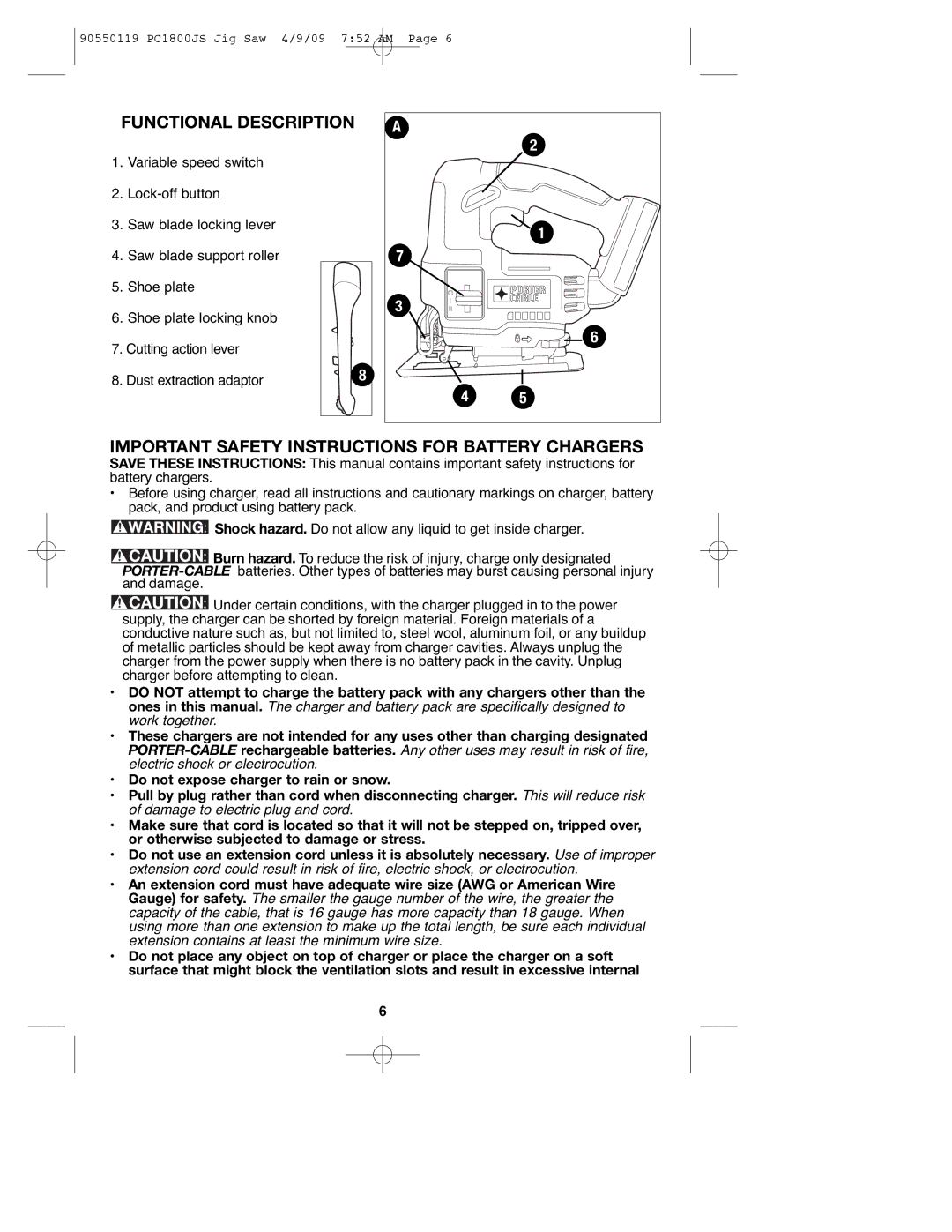 Porter-Cable PC1800JS, 90550119 Important Safety Instructions for Battery Chargers, Functional Description 