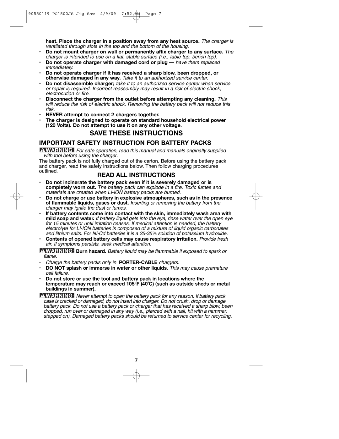 Porter-Cable 90550119, PC1800JS instruction manual Important Safety Instruction for Battery Packs, Read ALL Instructions 