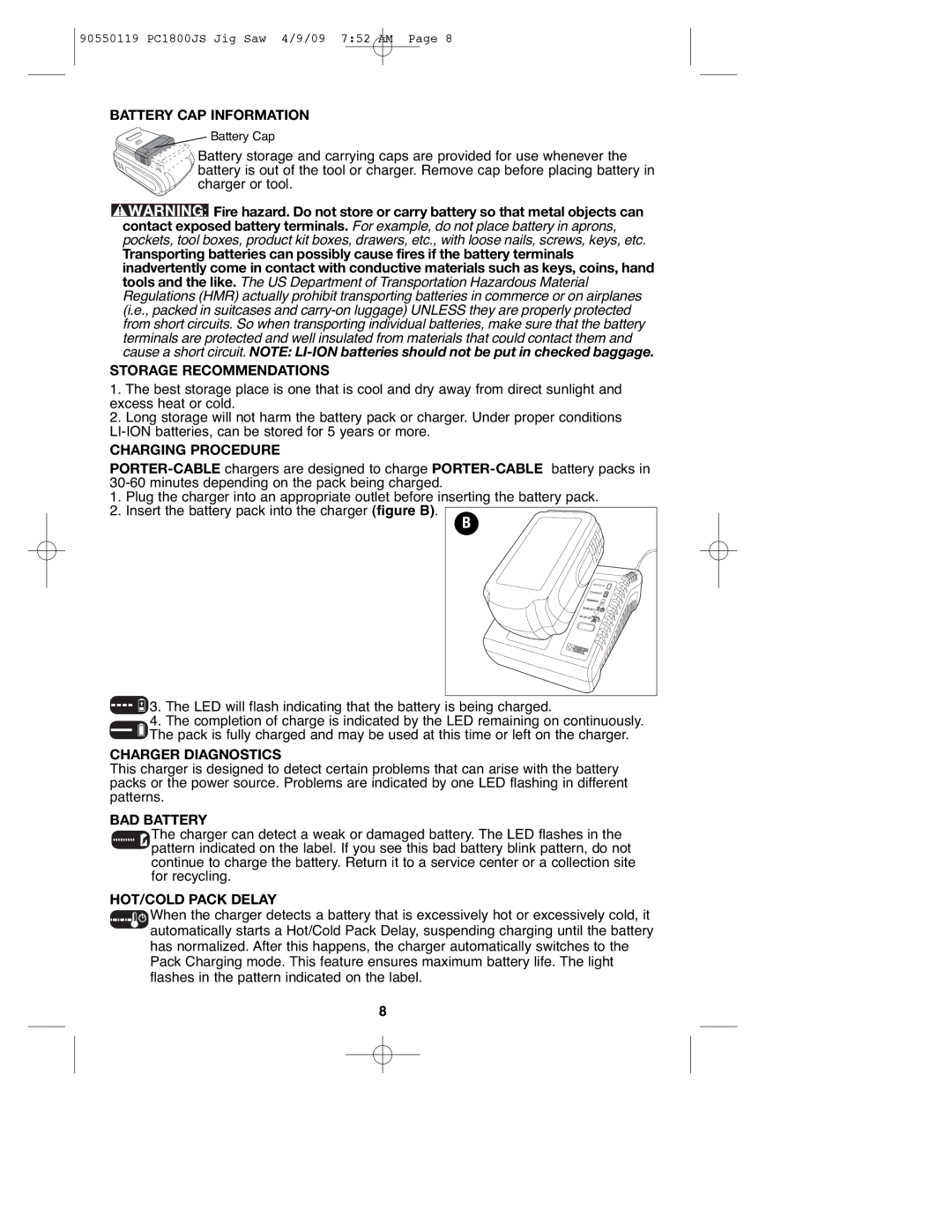 Porter-Cable PC1800JS, 90550119 Battery CAP Information, Storage Recommendations, Charging Procedure, Charger Diagnostics 