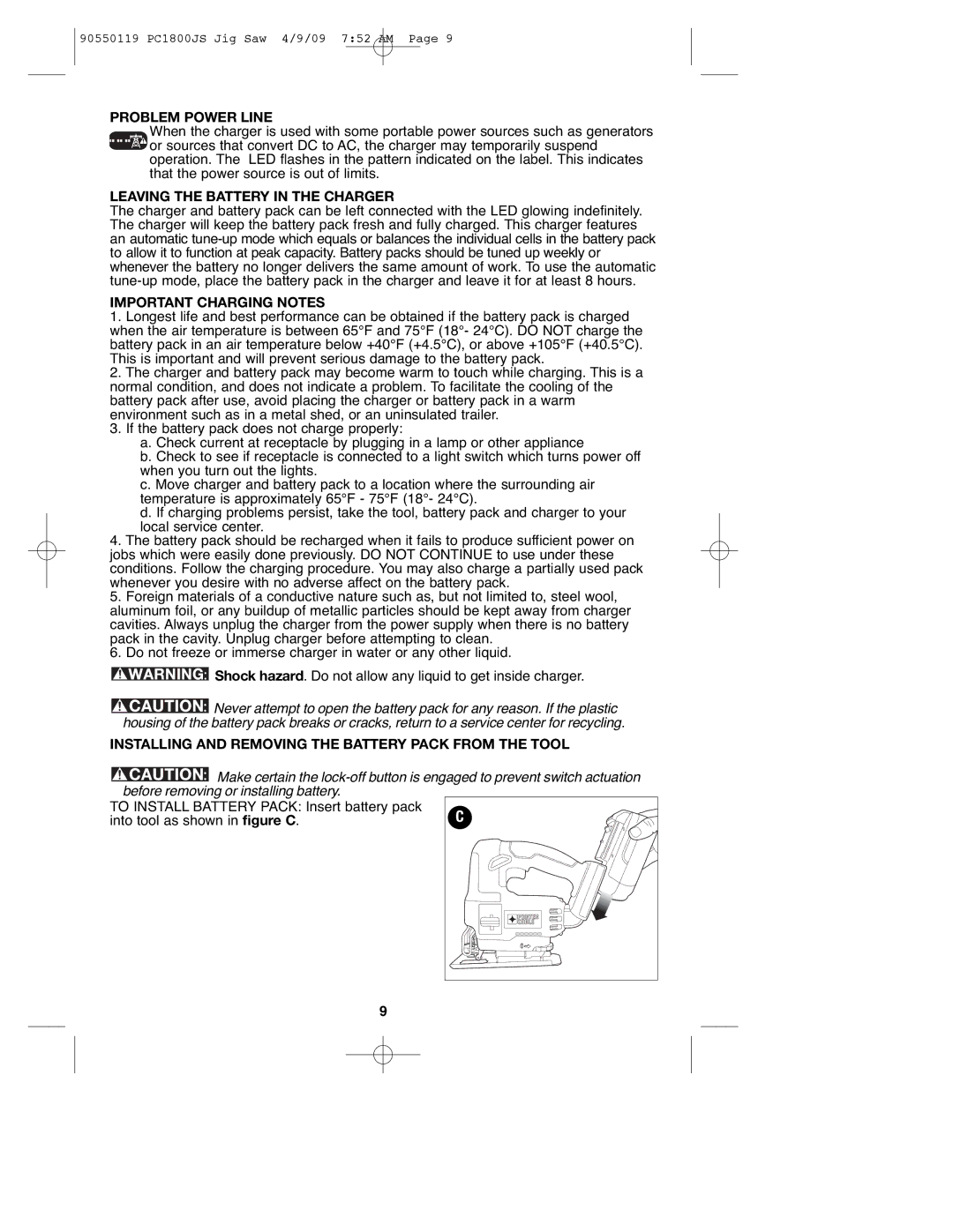 Porter-Cable 90550119, PC1800JS Problem Power Line, Leaving the Battery in the Charger, Important Charging Notes 