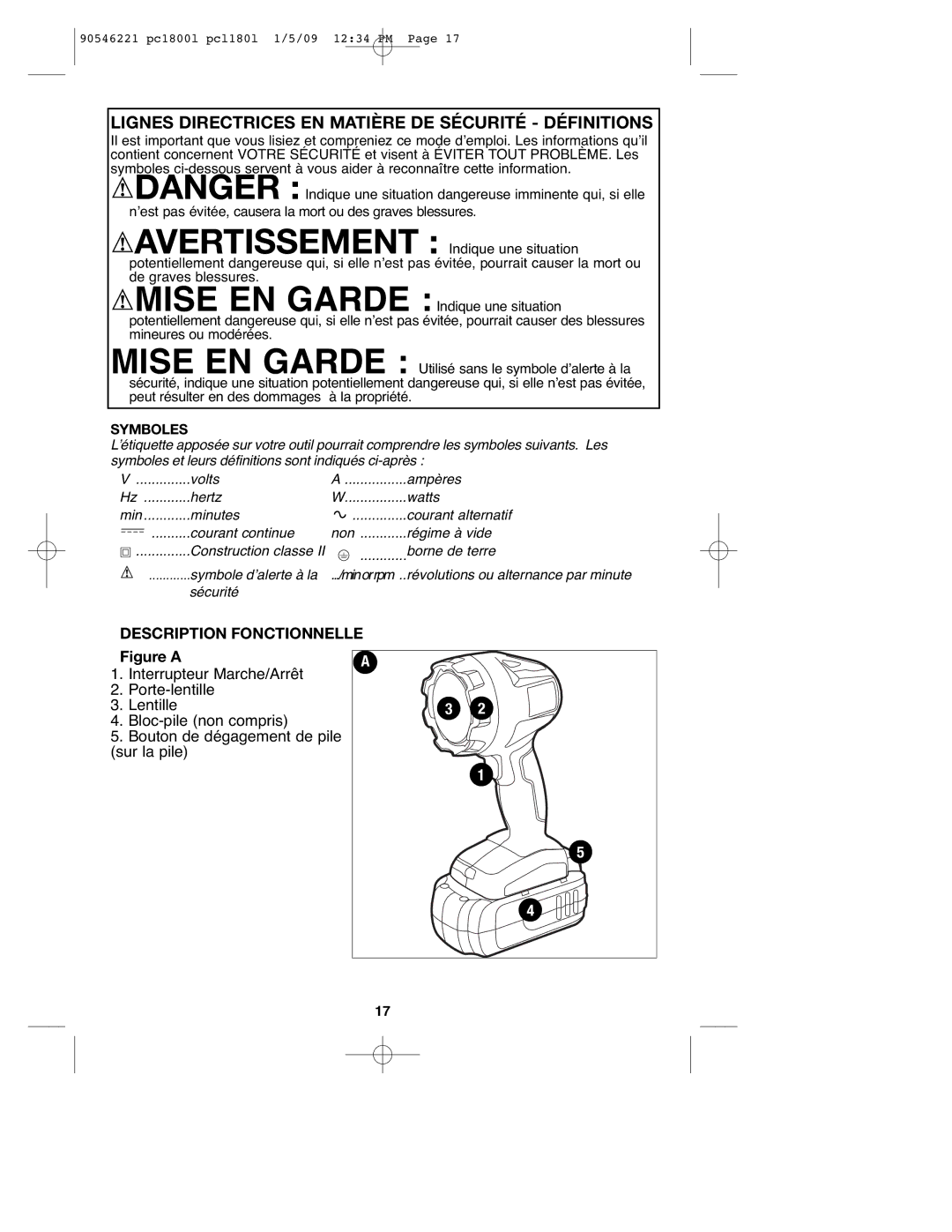 Porter-Cable 90546221, PC1800L, PCL180L instruction manual Lignes Directrices EN Matière DE Sécurité Définitions, Symboles 