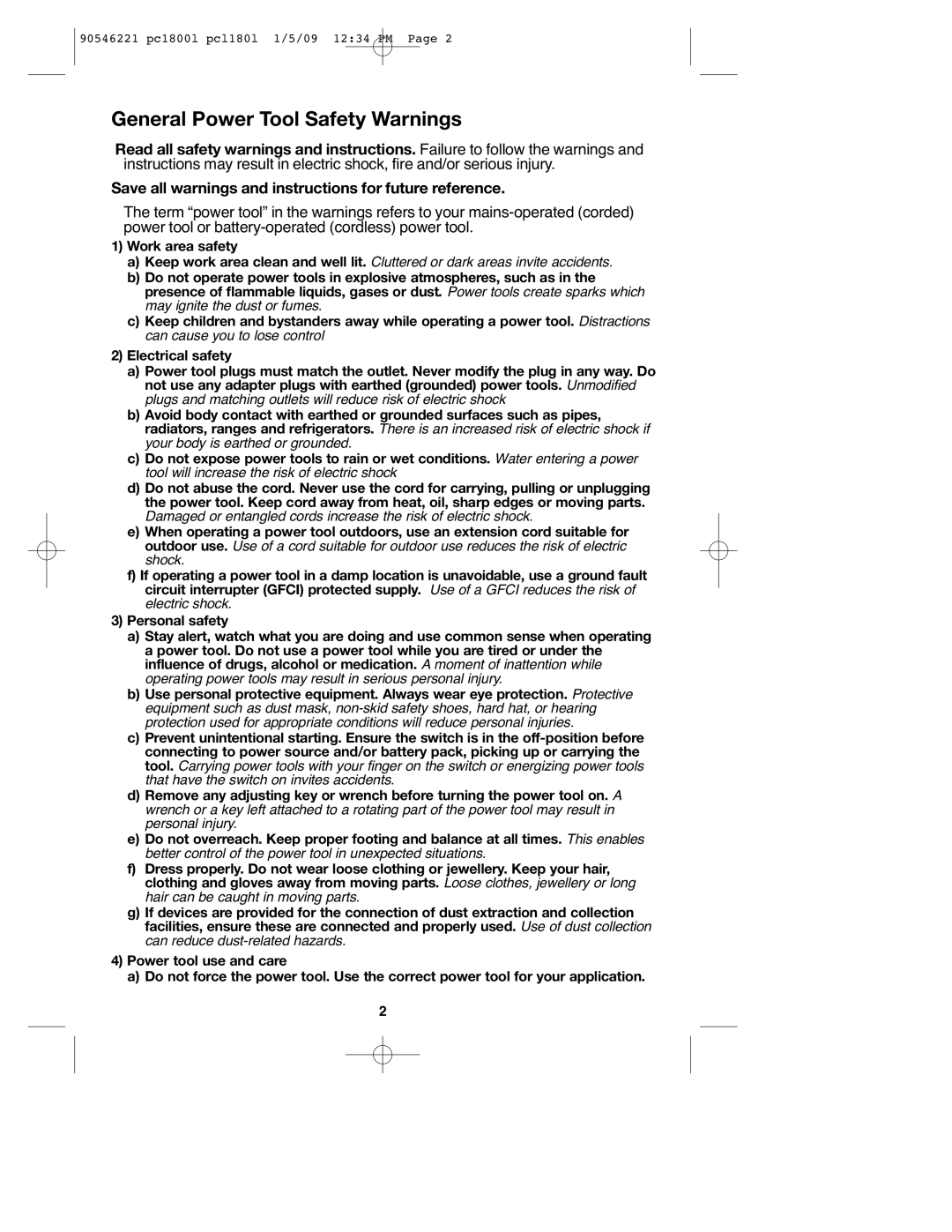 Porter-Cable 90546221, PC1800L, PCL180L instruction manual General Power Tool Safety Warnings 