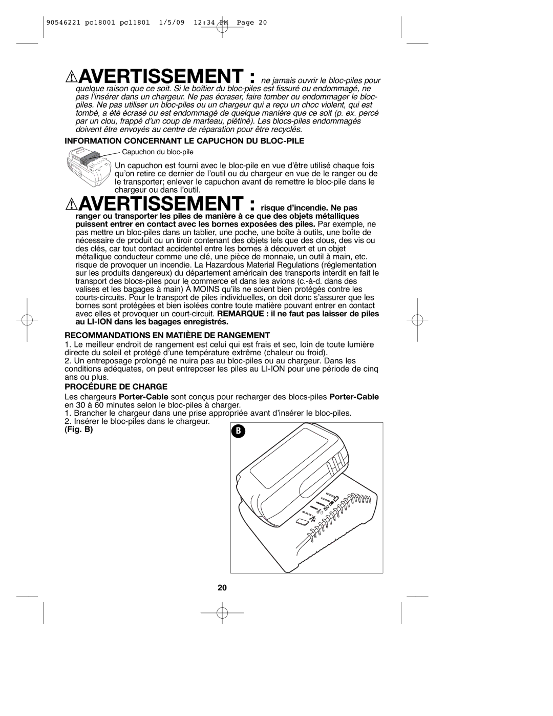 Porter-Cable 90546221, PC1800L Information Concernant LE Capuchon DU BLOC-PILE, Recommandations EN Matière DE Rangement 