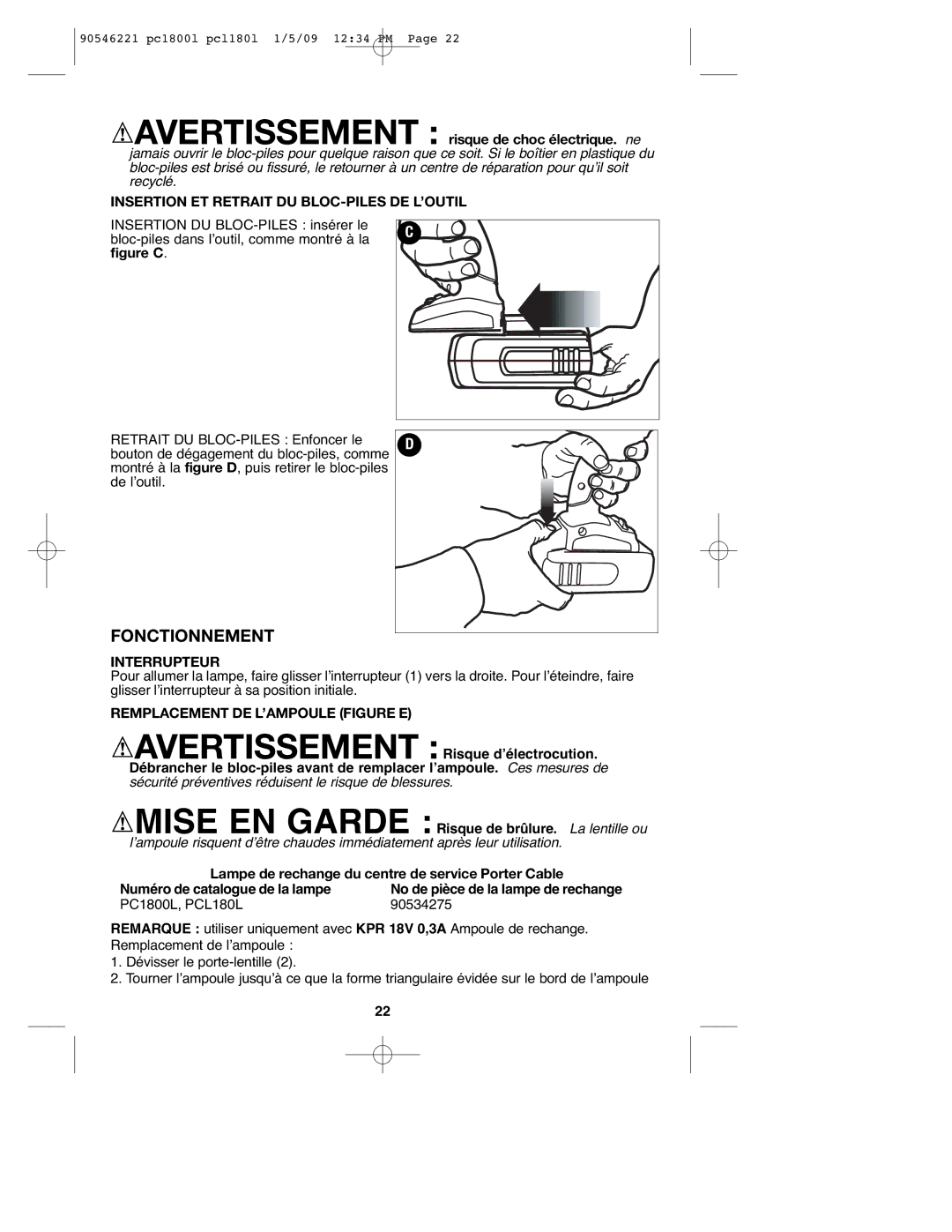 Porter-Cable PCL180L, PC1800L, 90546221 Fonctionnement, Insertion ET Retrait DU BLOC-PILES DE L’OUTIL, Interrupteur 