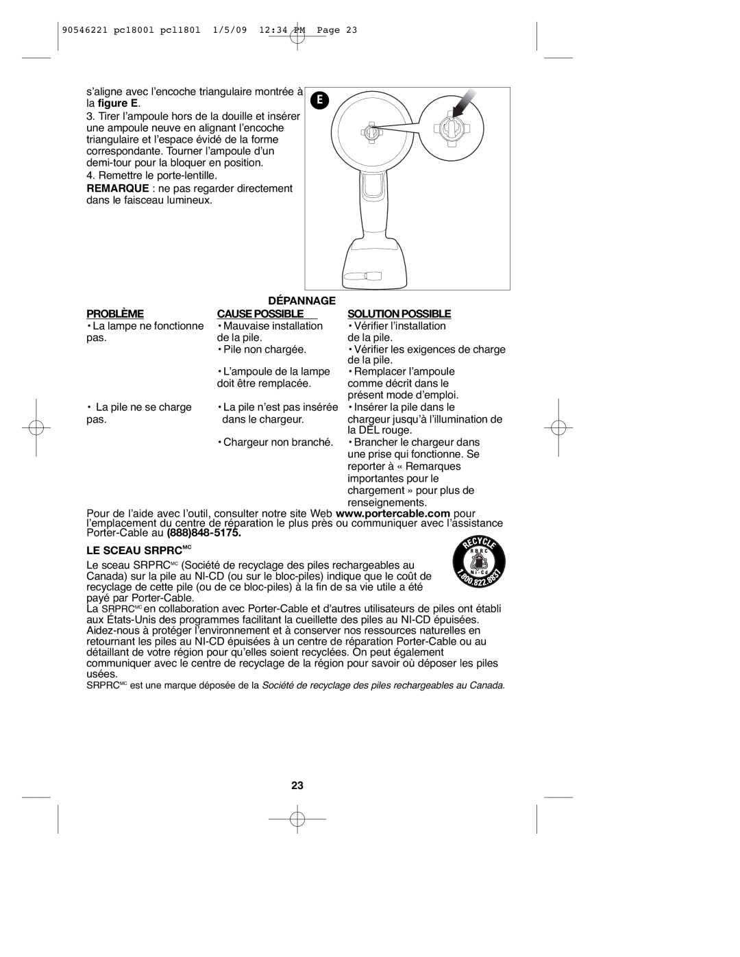 Porter-Cable 90546221, PC1800L, PCL180L instruction manual Dépannage Problème, Solution Possible, LE Sceau Srprcmc 