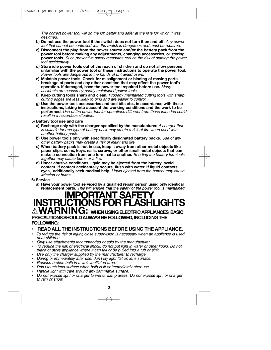 Porter-Cable PC1800L, PCL180L, 90546221 instruction manual Important Safety Instructions for Flashlights 