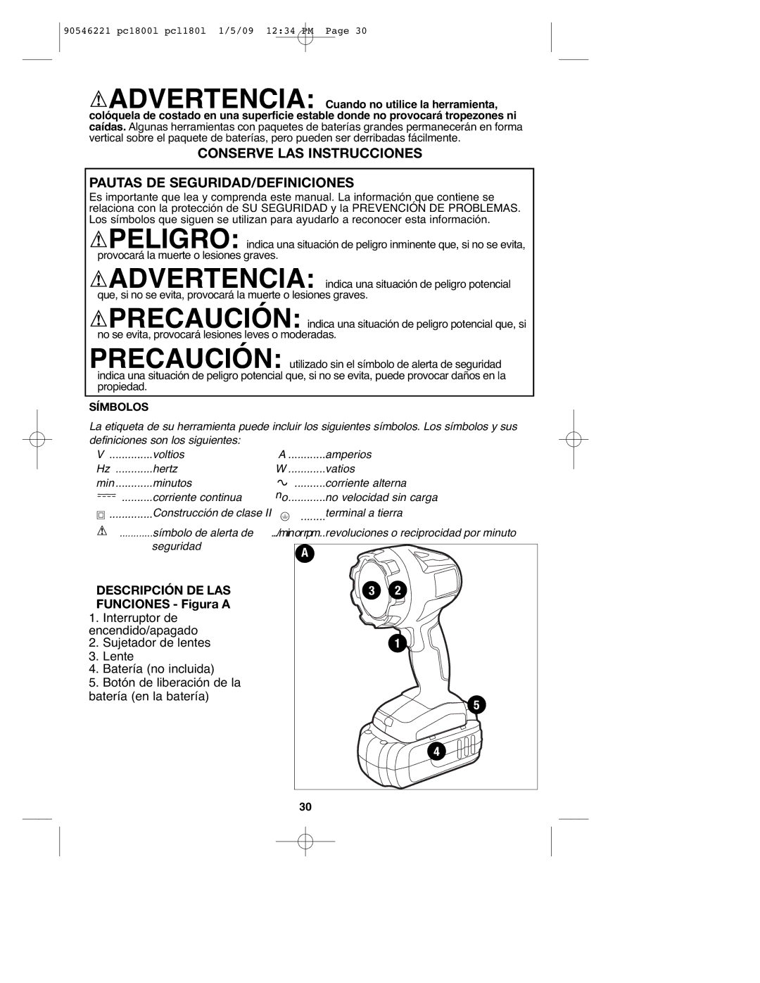 Porter-Cable PC1800L, PCL180L, 90546221 Conserve LAS Instrucciones Pautas DE SEGURIDAD/DEFINICIONES, Símbolos 