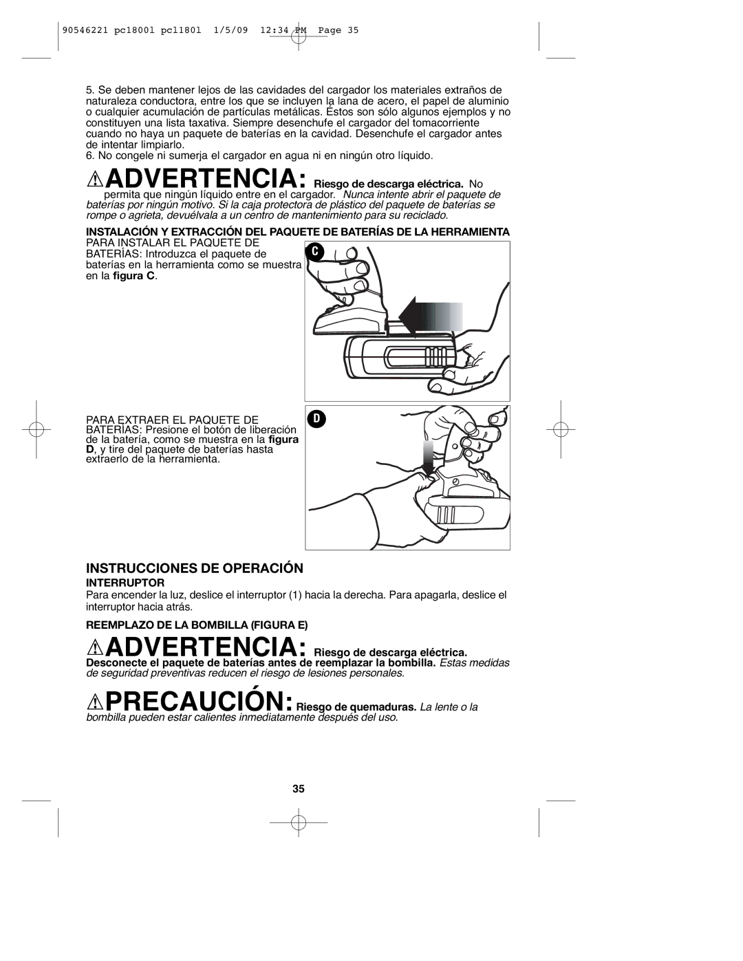 Porter-Cable 90546221, PC1800L, PCL180L Instrucciones DE Operación, Interruptor, Reemplazo DE LA Bombilla Figura E 