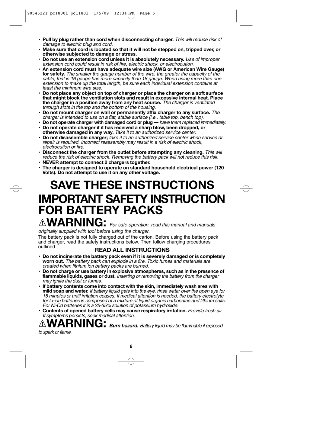 Porter-Cable PC1800L, PCL180L, 90546221 instruction manual Important Safety Instruction for Battery Packs 