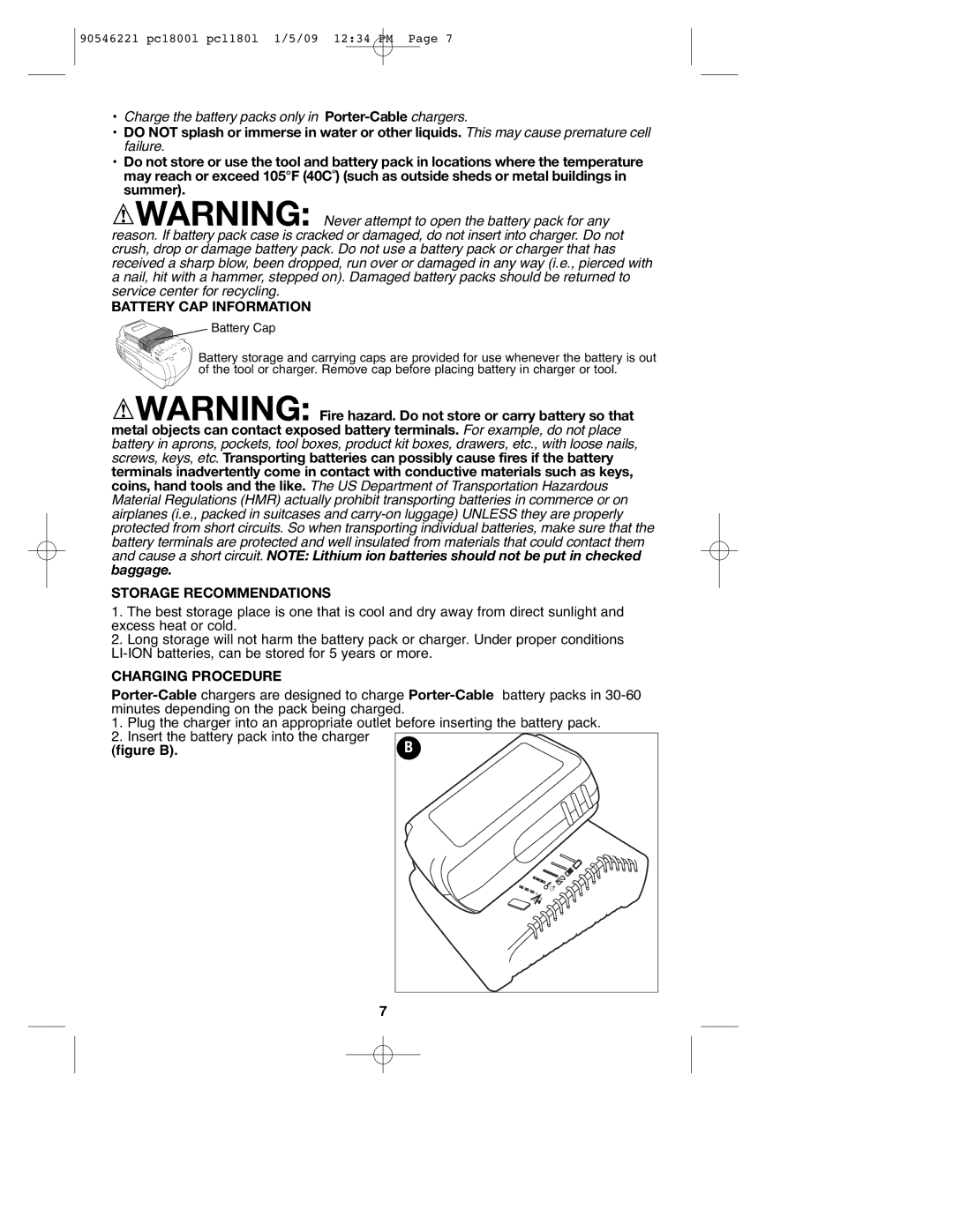 Porter-Cable PCL180L, PC1800L, 90546221 Battery CAP Information, Storage Recommendations, Charging Procedure 