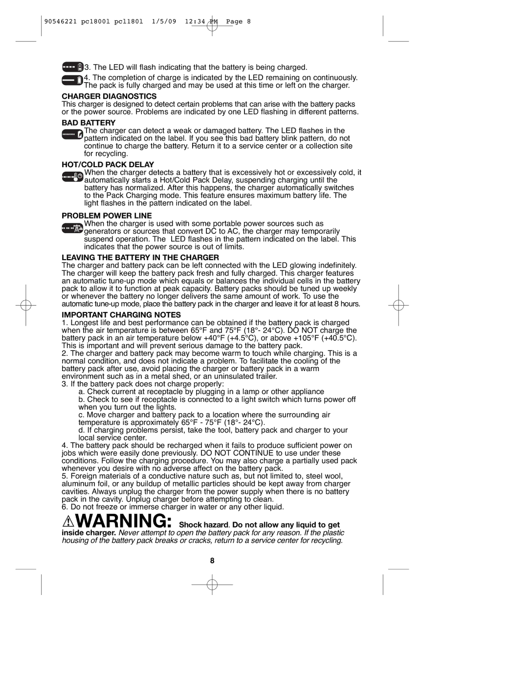 Porter-Cable 90546221 Charger Diagnostics, BAD Battery, HOT/COLD Pack Delay, Problem Power Line, Important Charging Notes 