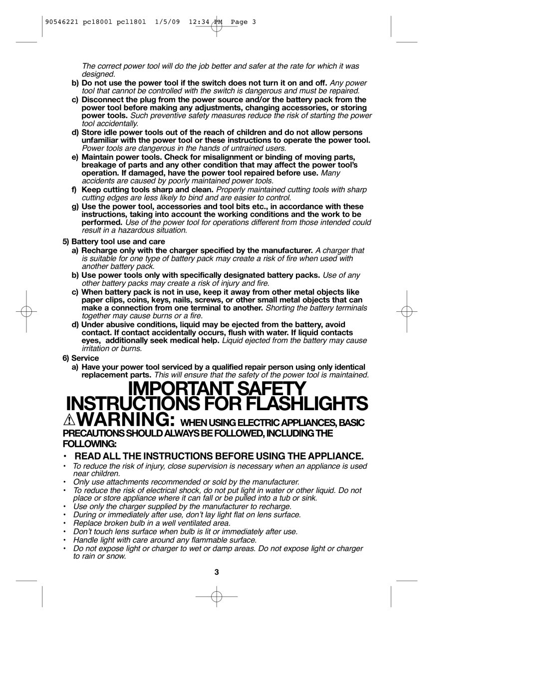 Porter-Cable PC1800L, PCL180L, 90546221 Important Safety Instructions For Flashlights, 5Battery tool use and care, 6Service 