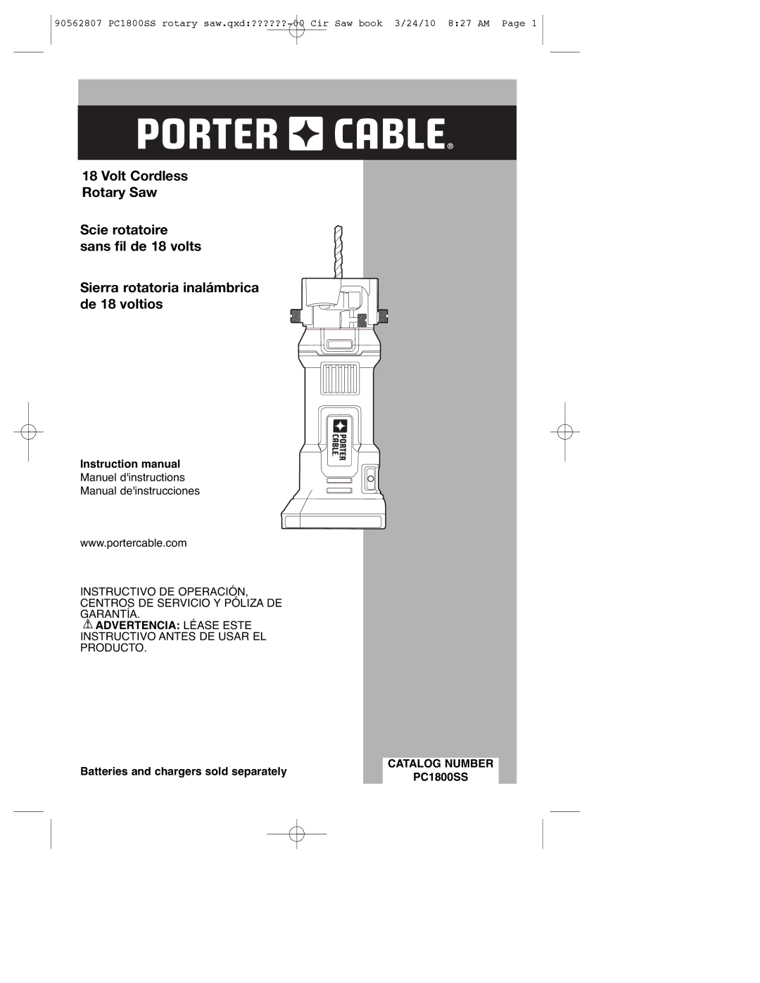 Porter-Cable 90562807, PC1800SS instruction manual Advertencia Léase Este, Catalog Number 