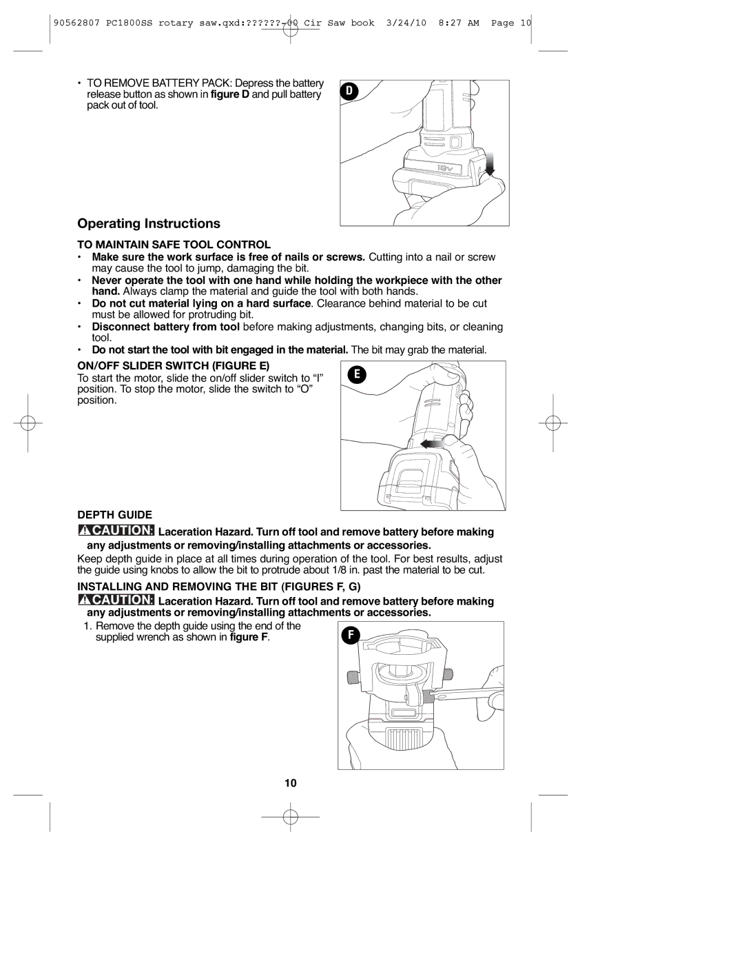 Porter-Cable PC1800SS, 90562807 instruction manual To Maintain Safe Tool Control, ON/OFF Slider Switch Figure E, Depth Guide 