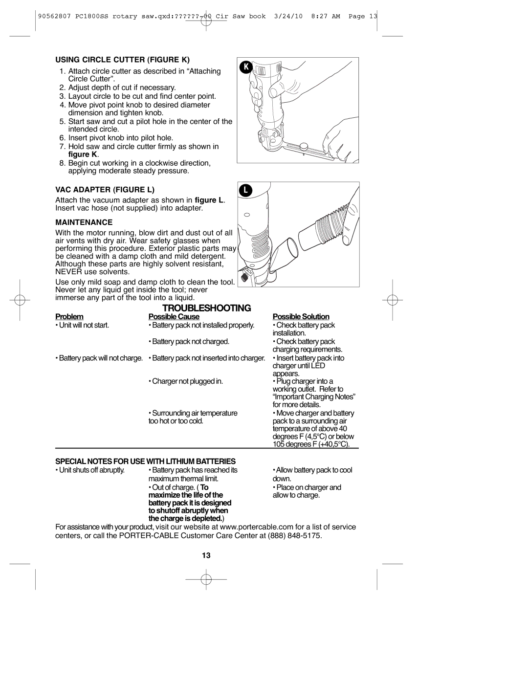 Porter-Cable 90562807, PC1800SS instruction manual Troubleshooting, Using Circle Cutter Figure K, Maintenance 