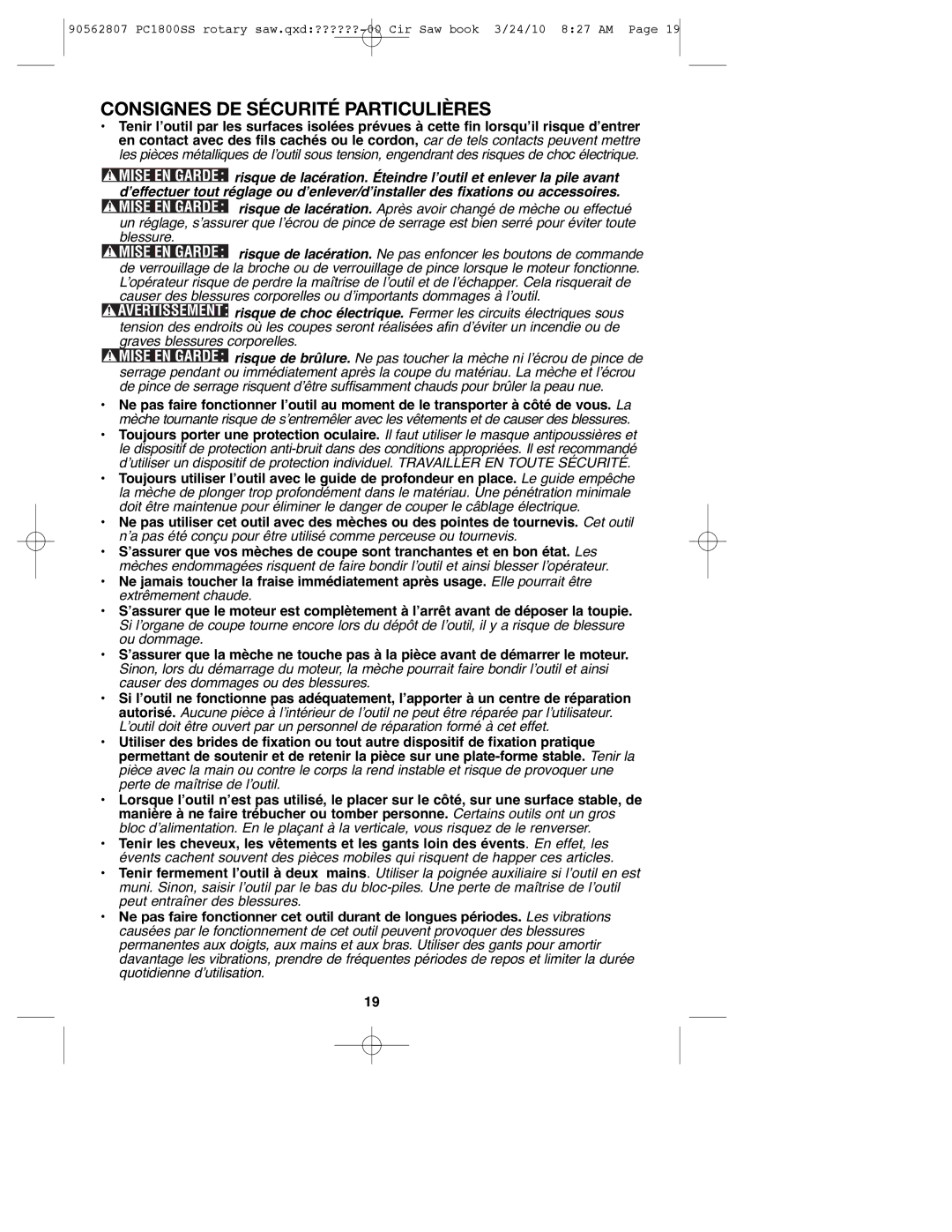 Porter-Cable 90562807, PC1800SS instruction manual Consignes DE Sécurité Particulières 