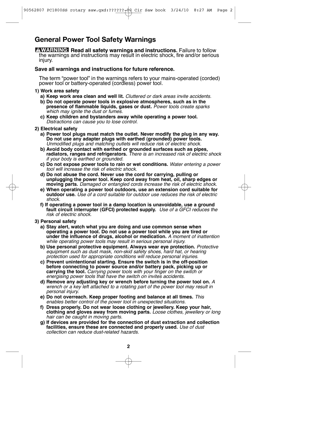 Porter-Cable PC1800SS, 90562807 instruction manual General Power Tool Safety Warnings 