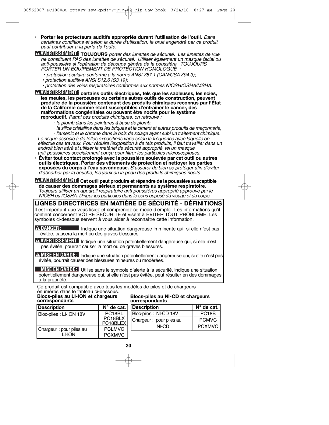 Porter-Cable PC1800SS, 90562807 instruction manual Lignes Directrices EN Matière DE Sécurité Définitions, Description De cat 