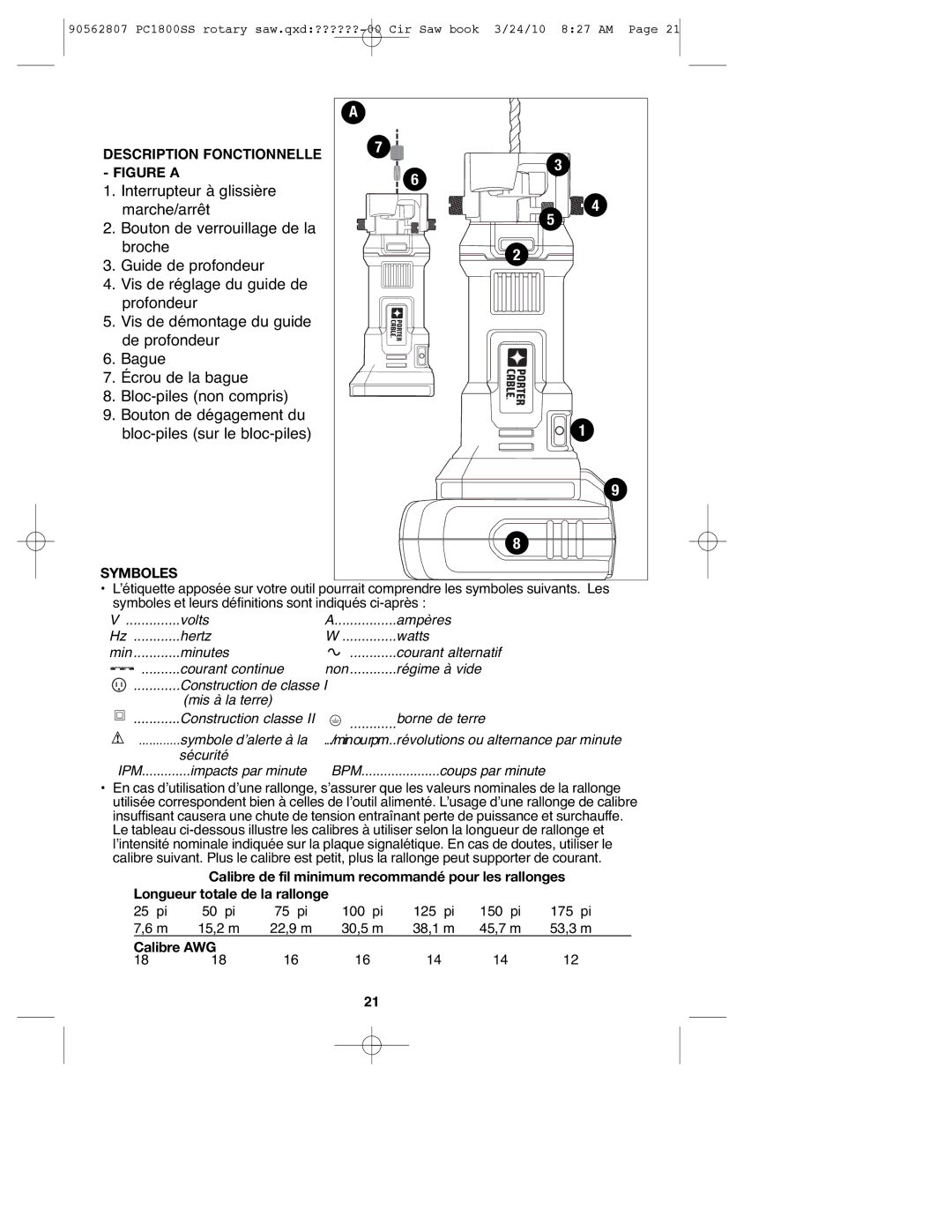 Porter-Cable 90562807, PC1800SS instruction manual Description Fonctionnelle, Symboles, Calibre AWG 