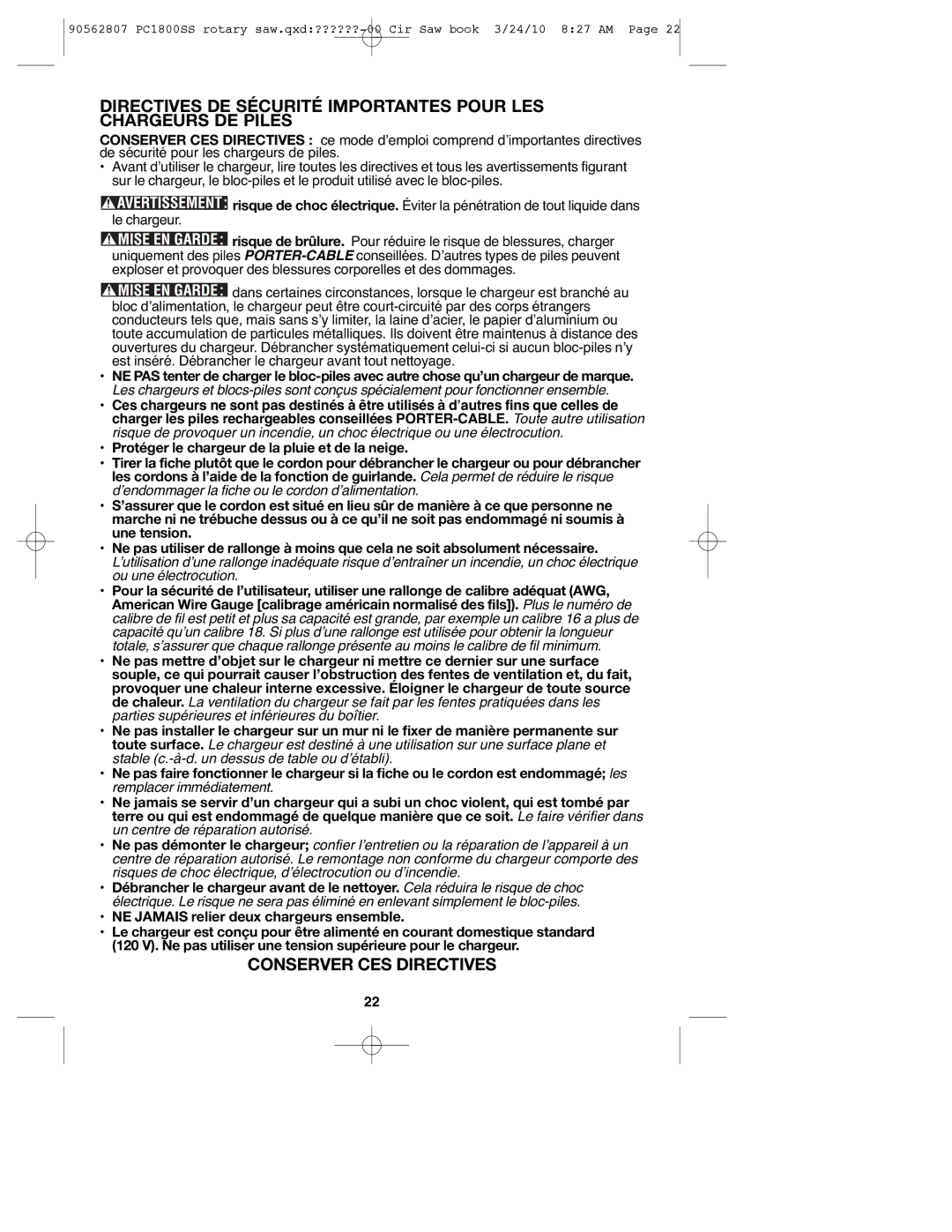 Porter-Cable PC1800SS, 90562807 instruction manual Conserver CES Directives 