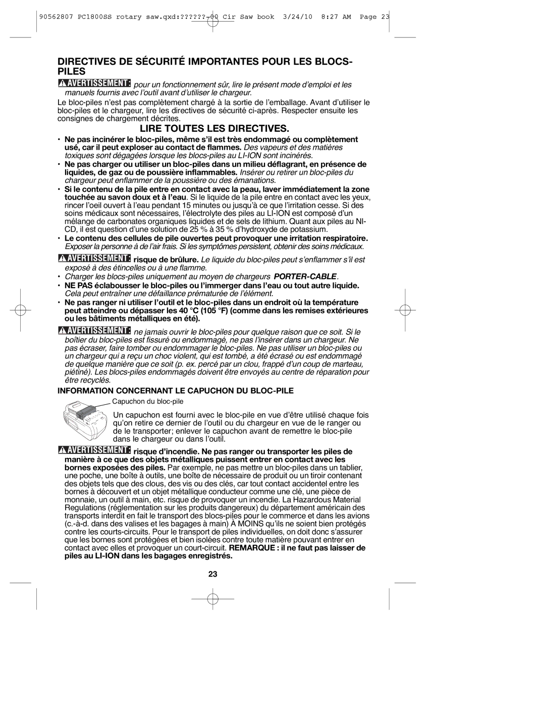 Porter-Cable 90562807, PC1800SS Directives DE Sécurité Importantes Pour LES BLOCS- Piles, Lire Toutes LES Directives 