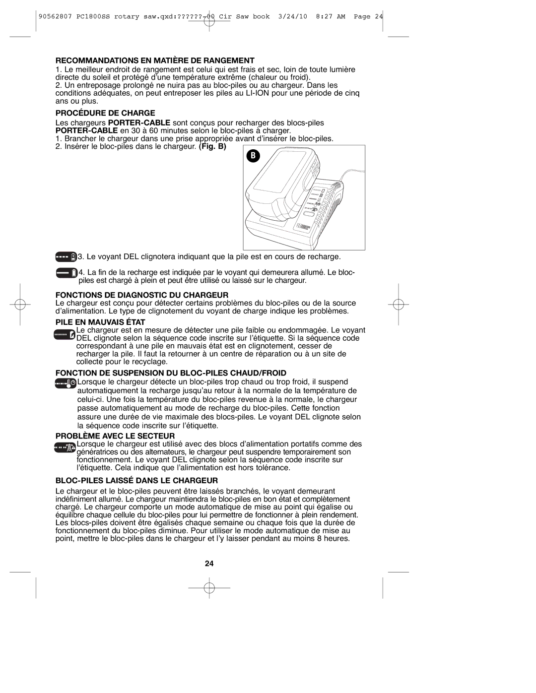 Porter-Cable PC1800SS Recommandations EN Matière DE Rangement, Procédure DE Charge, Fonctions DE Diagnostic DU Chargeur 