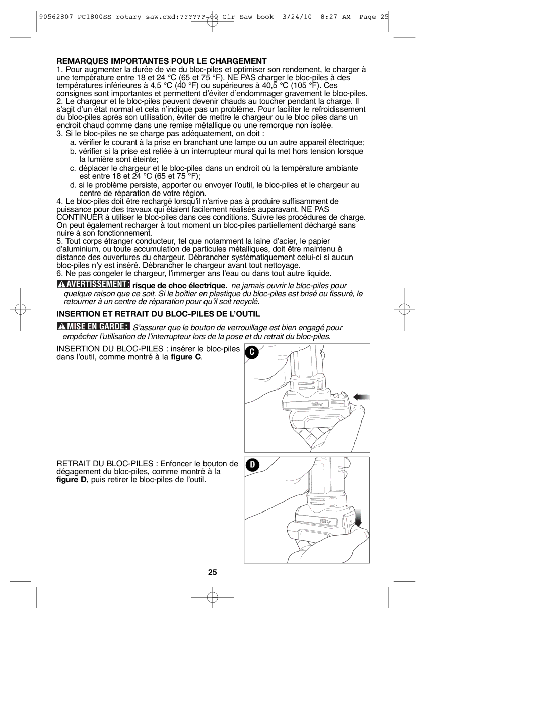 Porter-Cable 90562807, PC1800SS Remarques Importantes Pour LE Chargement, Insertion ET Retrait DU BLOC-PILES DE L’OUTIL 