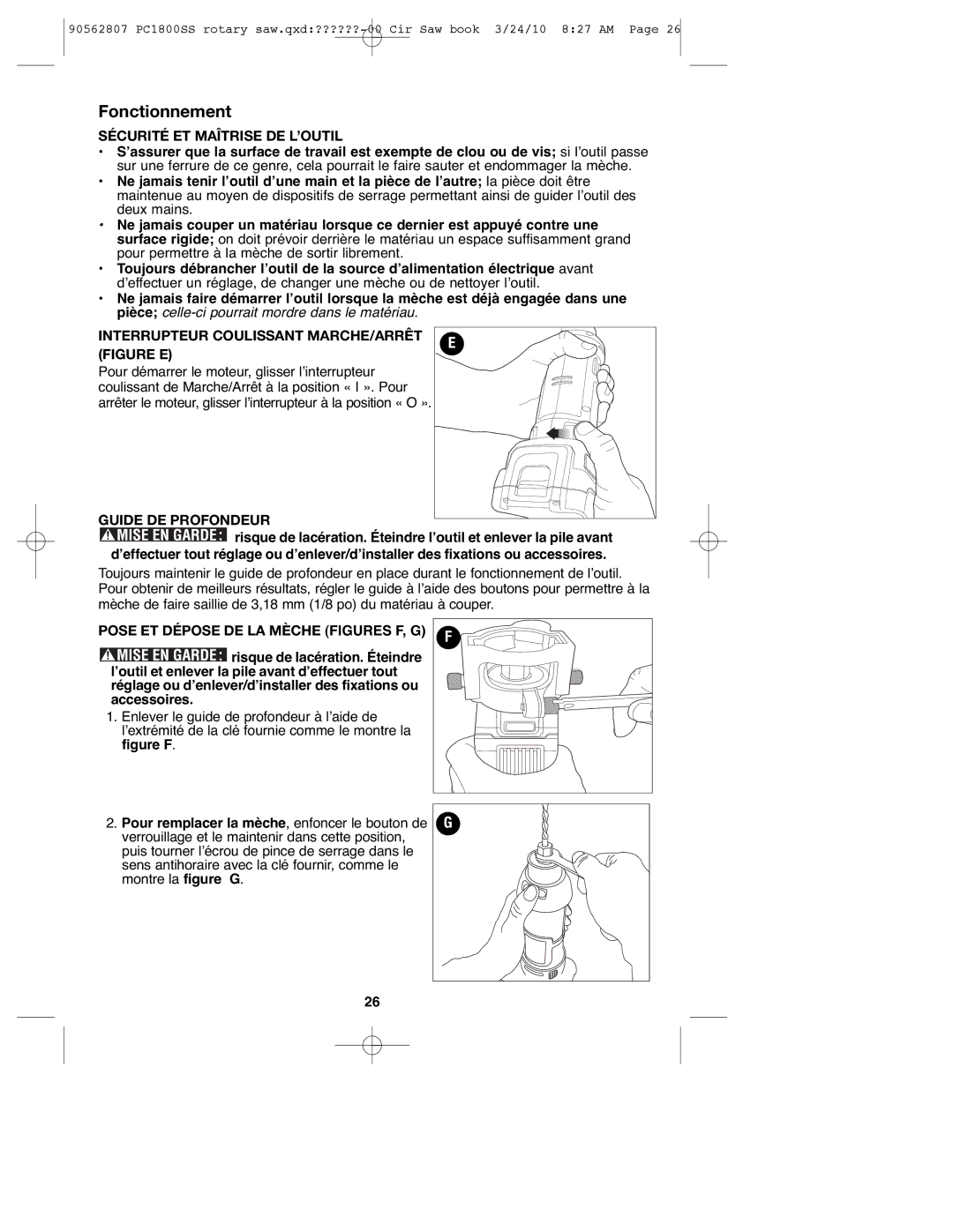 Porter-Cable PC1800SS Sécurité ET Maîtrise DE L’OUTIL, Interrupteur Coulissant MARCHE/ARRÊT Figure E, Guide DE Profondeur 