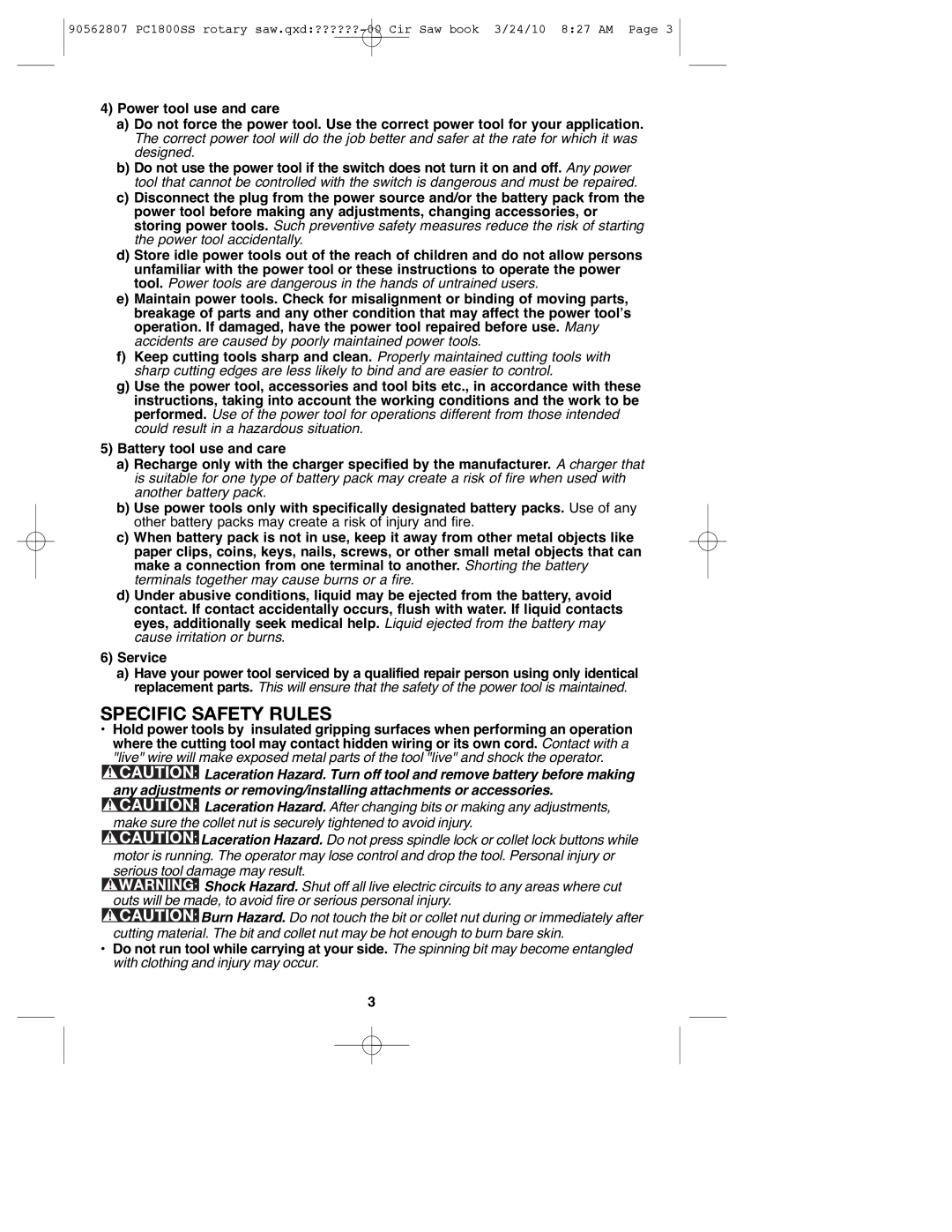 Porter-Cable 90562807, PC1800SS instruction manual Specific Safety Rules 