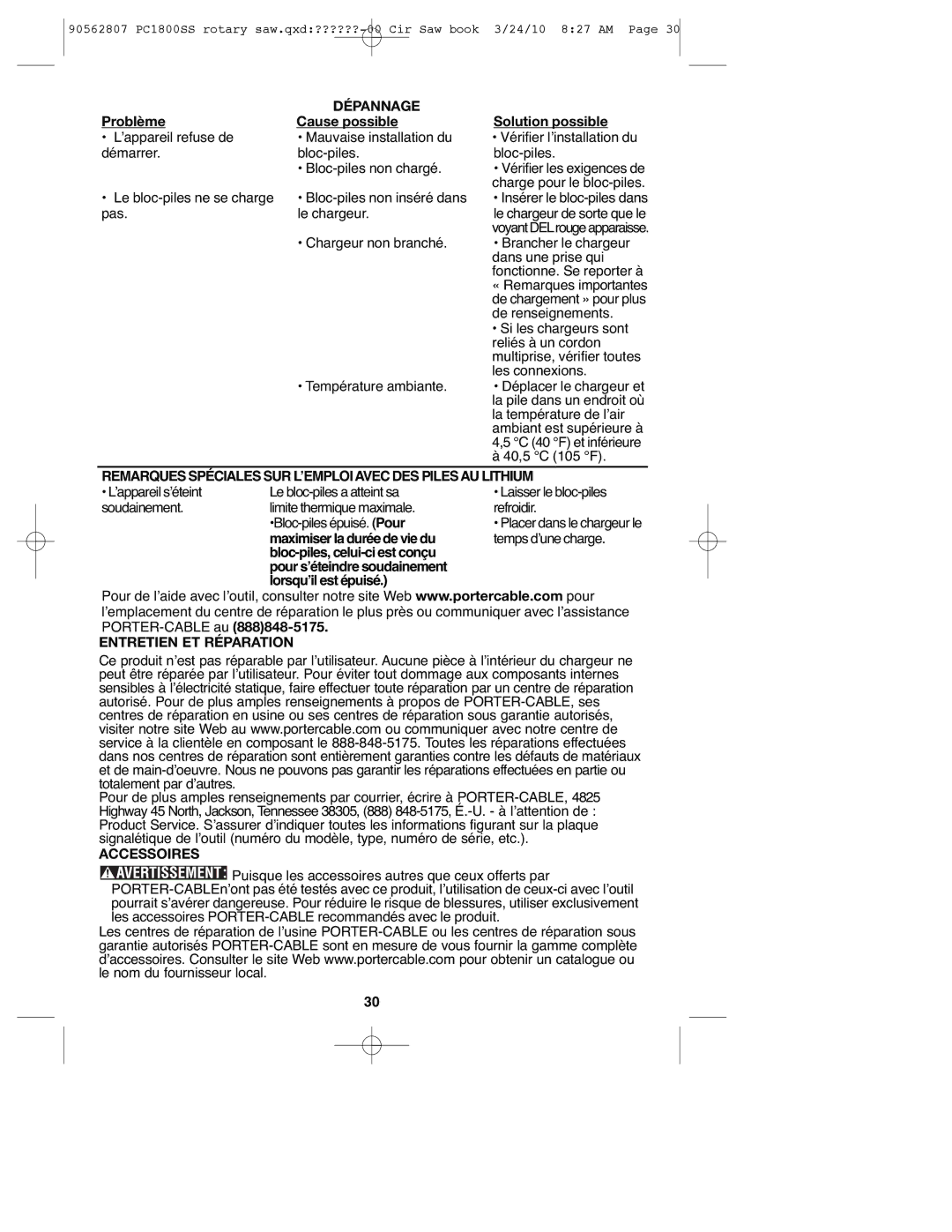 Porter-Cable PC1800SS Problème, Dépannage, Cause possible Solution possible, Entretien ET Réparation, Accessoires 