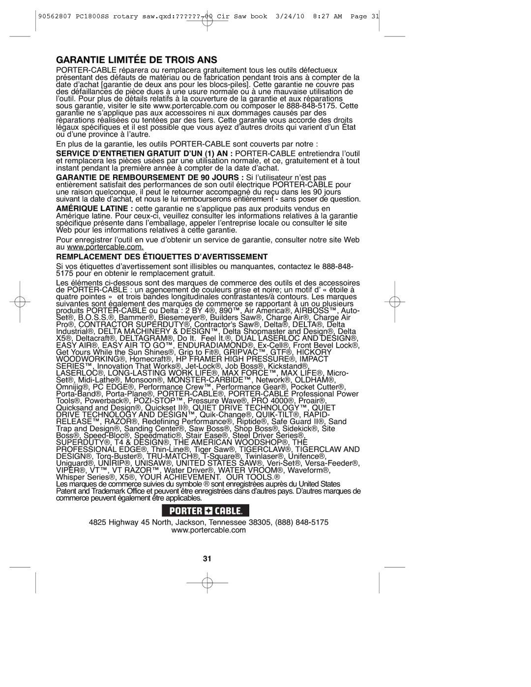 Porter-Cable 90562807, PC1800SS Garantie Limitée DE Trois ANS, Remplacement DES Étiquettes DʼAVERTISSEMENT 