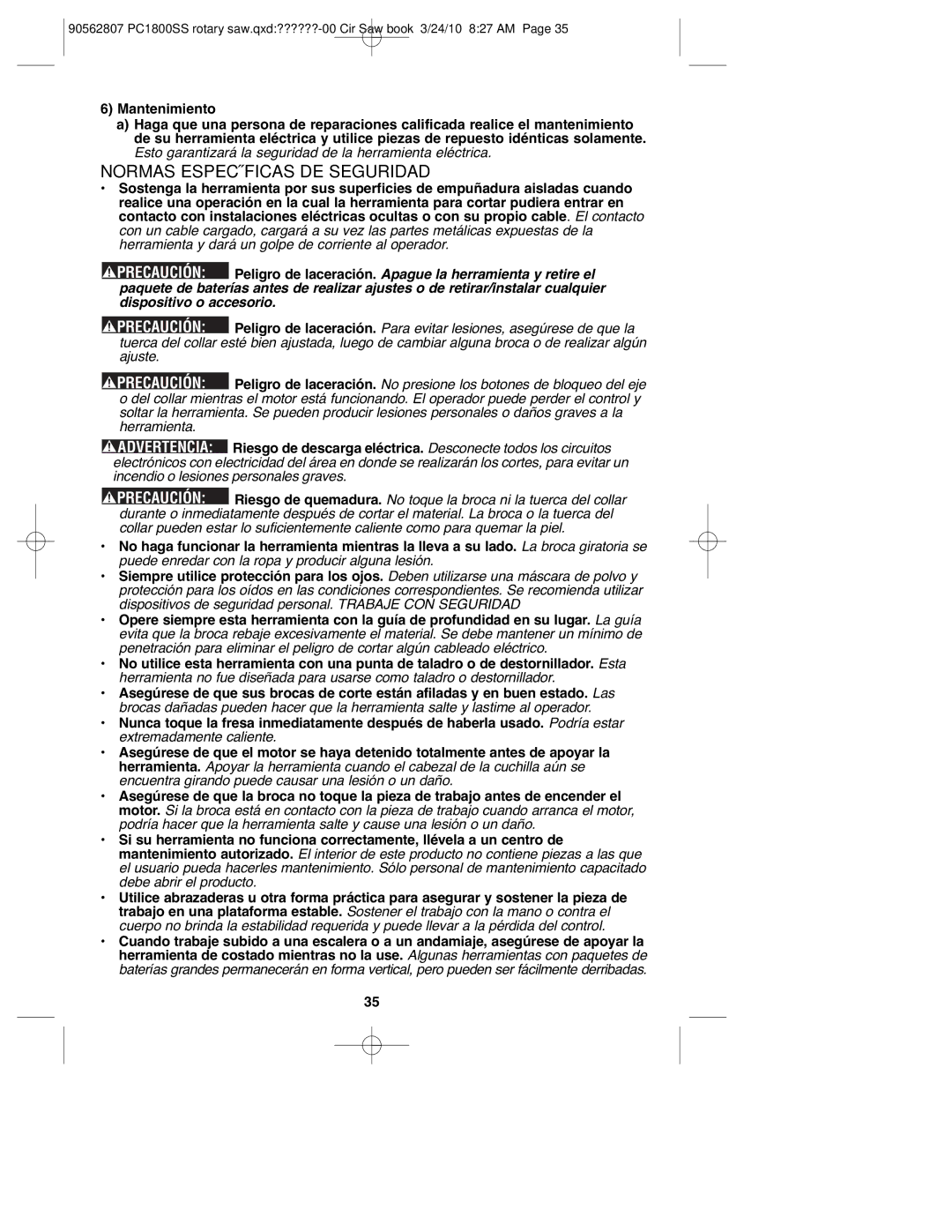 Porter-Cable 90562807, PC1800SS instruction manual Normas Específicas DE Seguridad 