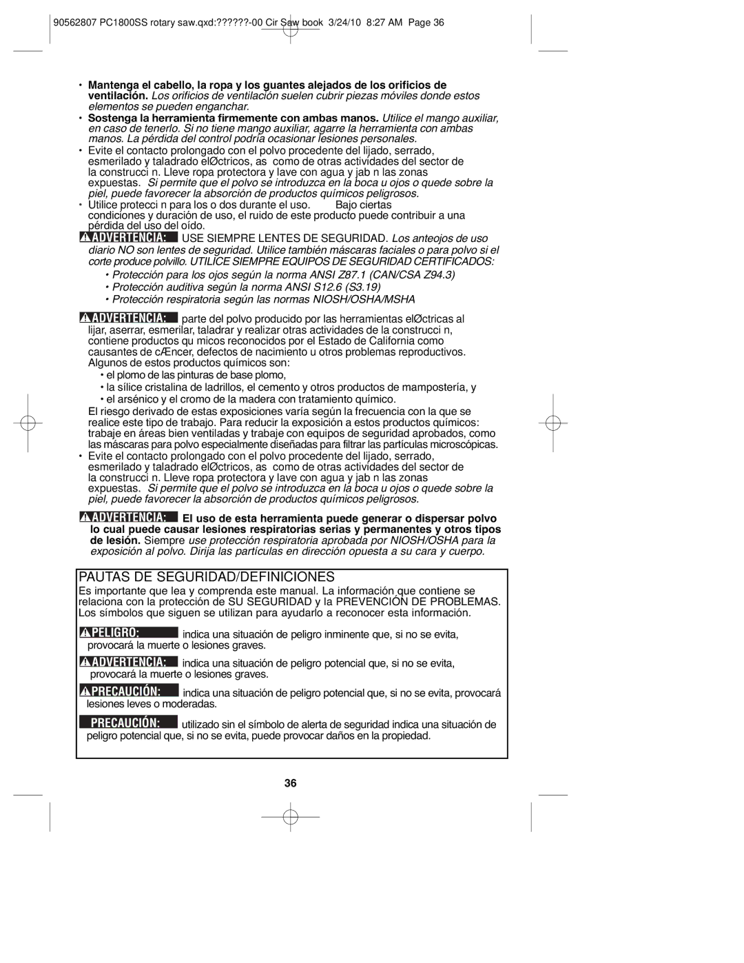 Porter-Cable PC1800SS, 90562807 instruction manual Pautas DE SEGURIDAD/DEFINICIONES, Peligro 