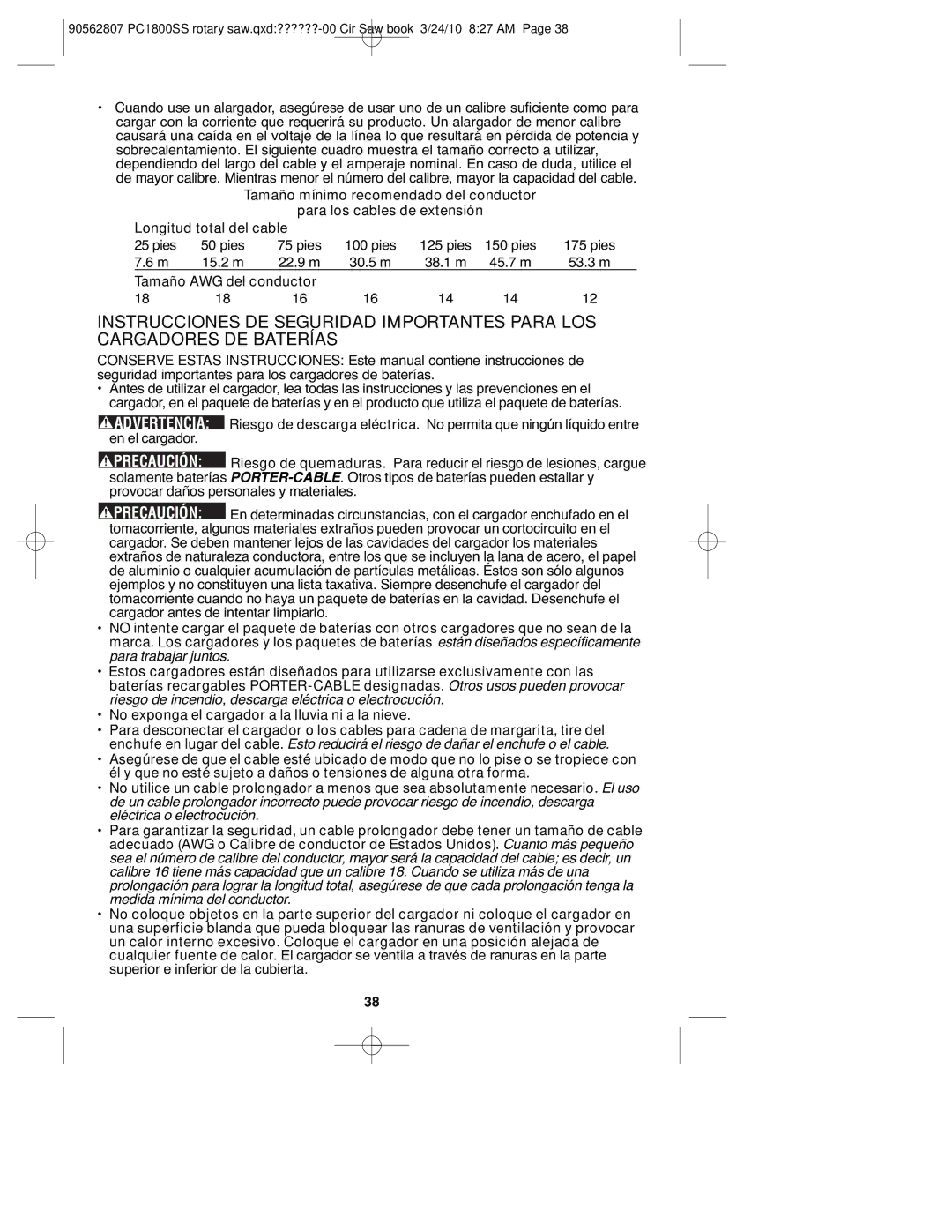 Porter-Cable PC1800SS, 90562807 instruction manual Tamaño AWG del conductor 