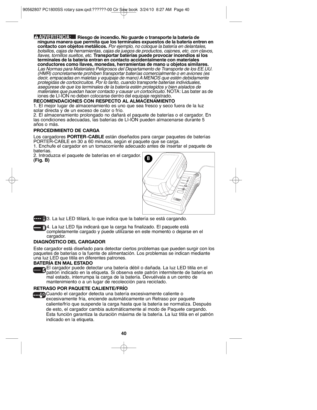 Porter-Cable PC1800SS Recomendaciones CON Respecto AL Almacenamiento, Procedimiento DE Carga, Diagnóstico DEL Cargador 