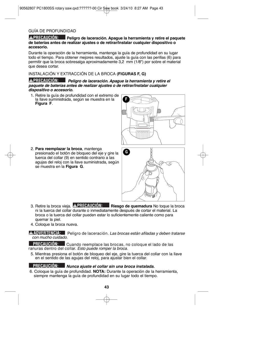 Porter-Cable 90562807, PC1800SS instruction manual Guía DE Profundidad, Instalación Y Extracción DE LA Broca Figuras F, G 