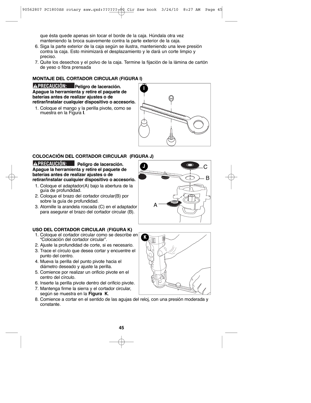 Porter-Cable 90562807, PC1800SS Montaje DEL Cortador Circular Figura, Colocación DEL Cortador Circular Figura J 