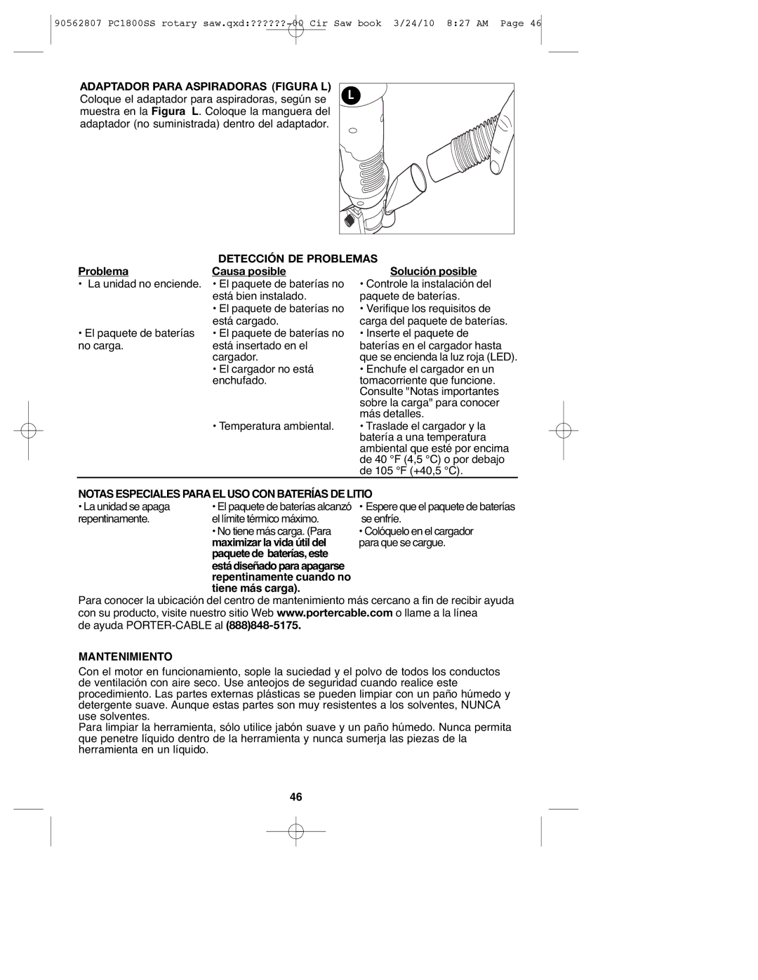 Porter-Cable PC1800SS, 90562807 Adaptador Para Aspiradoras Figura L, Detección DE Problemas, Mantenimiento 