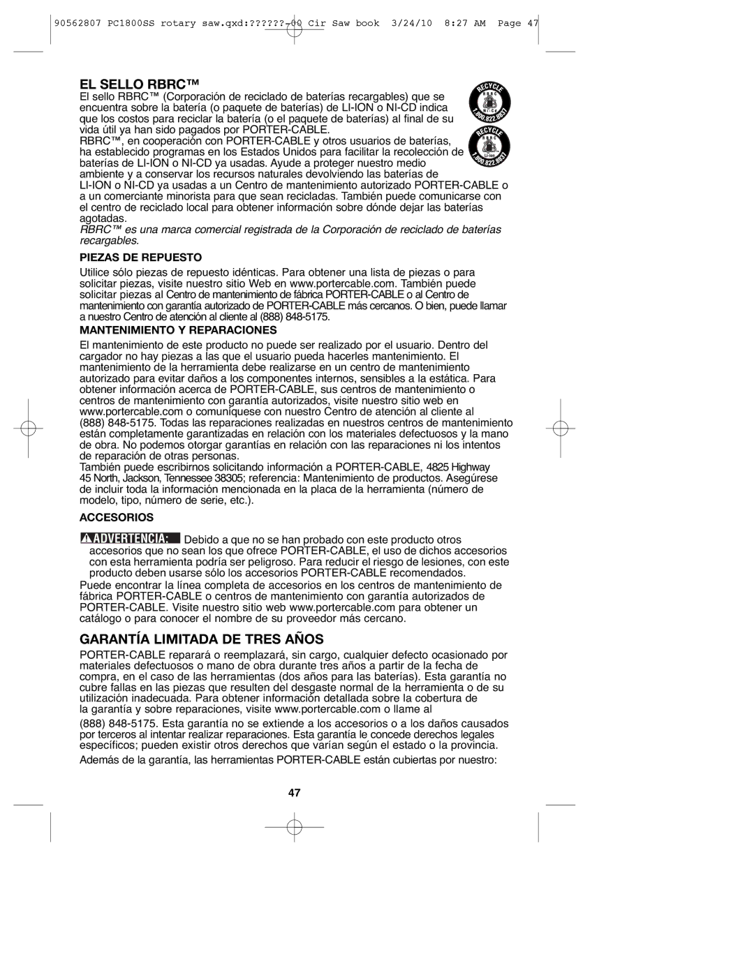 Porter-Cable 90562807 Garantía Limitada DE Tres Años, Piezas DE Repuesto Mantenimiento Y Reparaciones, Accesorios 