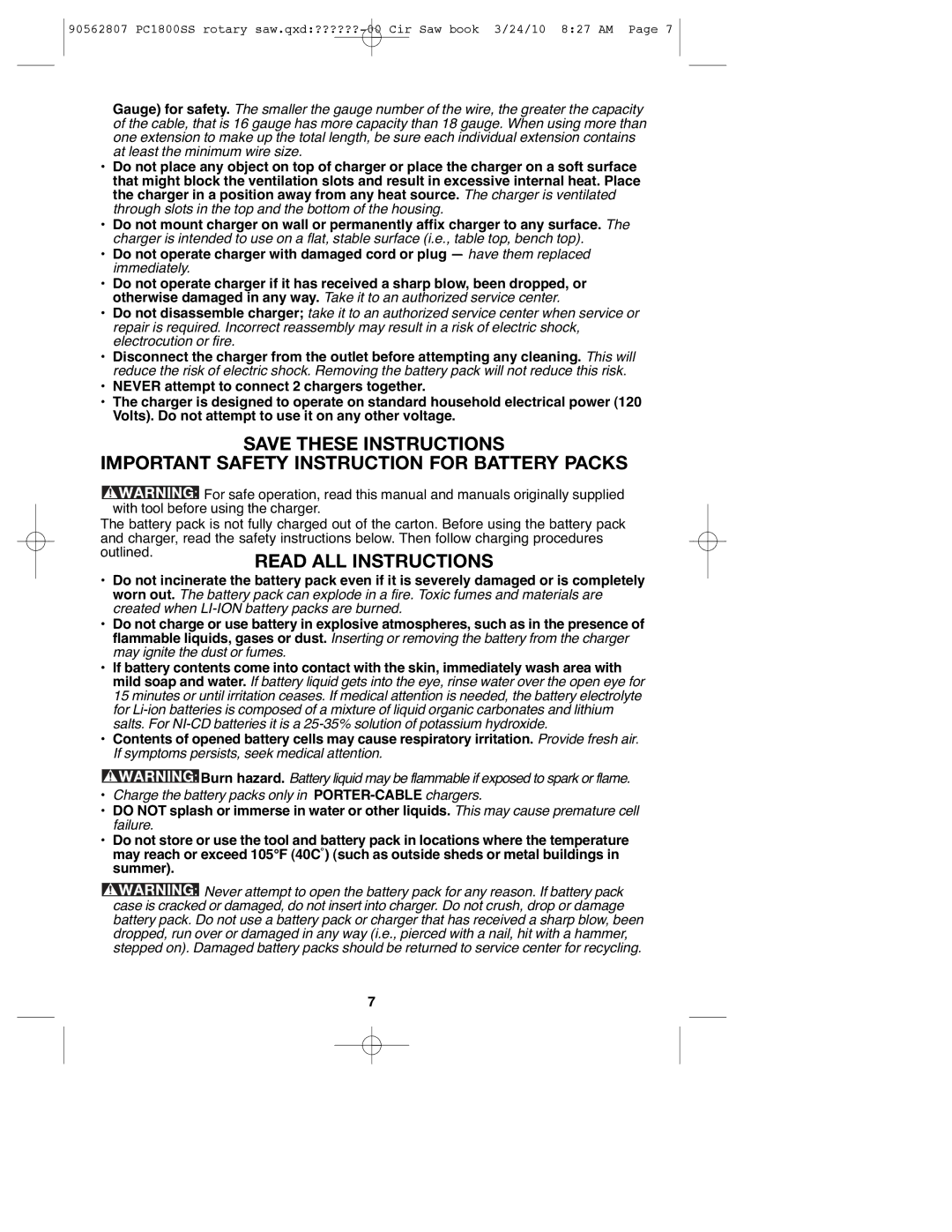 Porter-Cable 90562807, PC1800SS instruction manual Important Safety Instruction for Battery Packs 