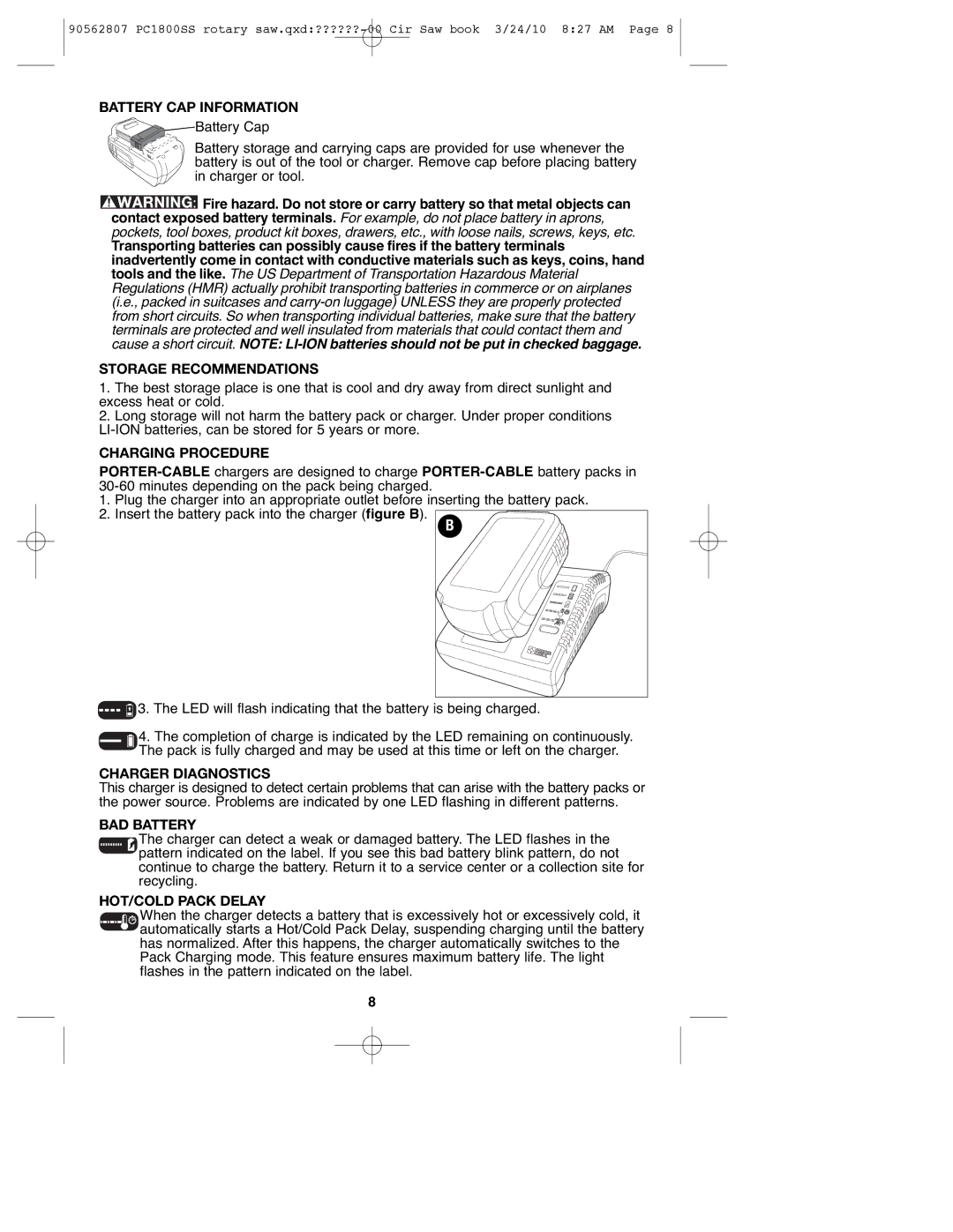 Porter-Cable PC1800SS, 90562807 Battery CAP Information, Storage Recommendations, Charging Procedure, Charger Diagnostics 