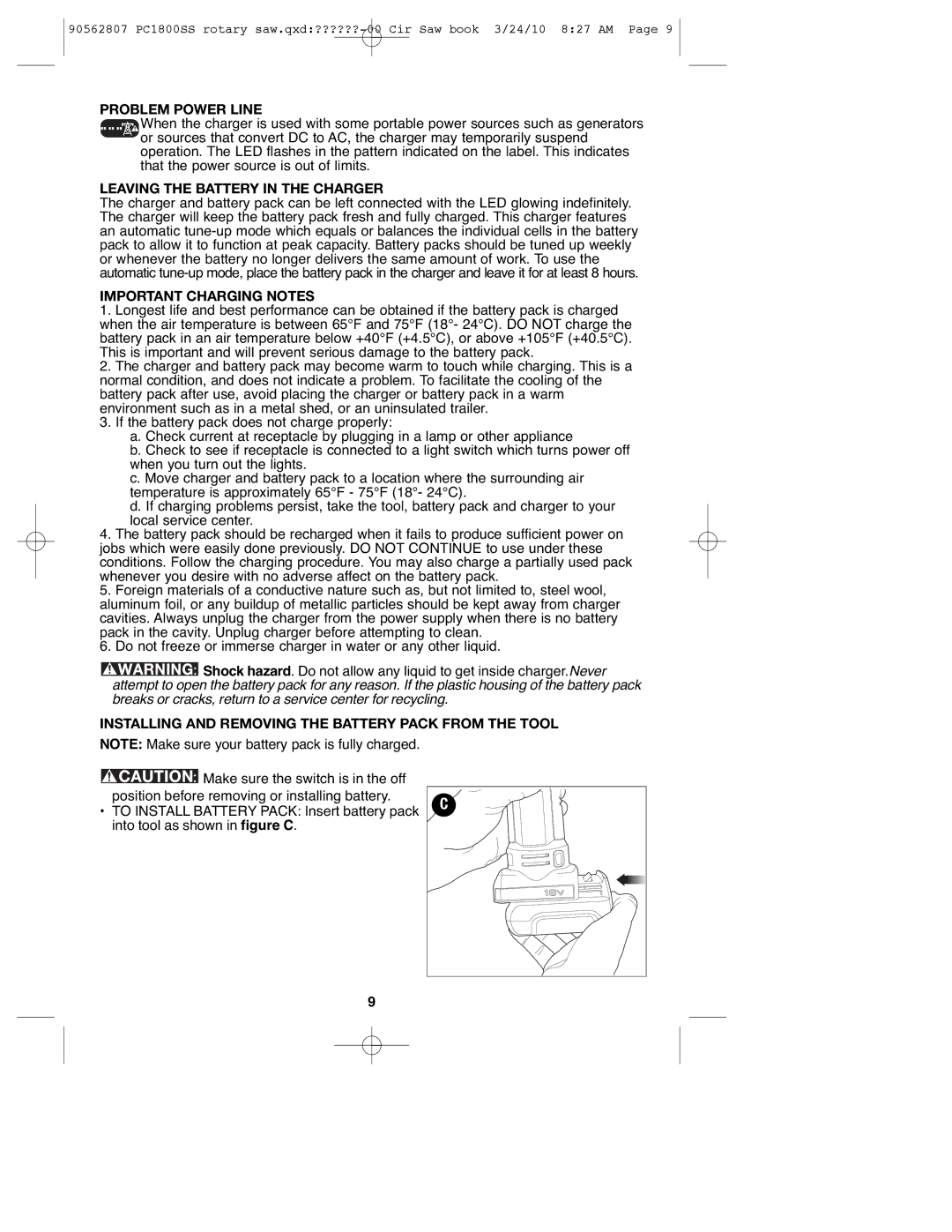 Porter-Cable 90562807, PC1800SS Problem Power Line, Leaving the Battery in the Charger, Important Charging Notes 