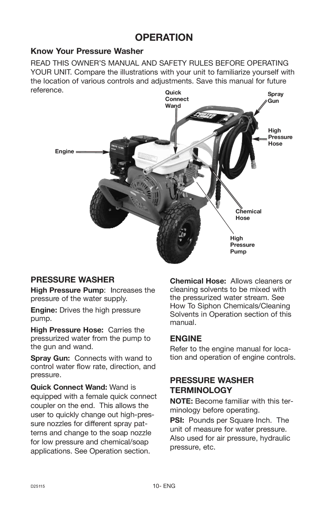 Porter-Cable PC2525SP, D25115-0112-0 instruction manual Operation, Engine, Pressure Washer Terminology 