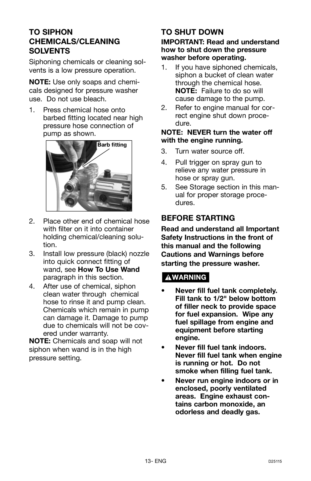 Porter-Cable D25115-0112-0, PC2525SP instruction manual To Siphon CHEMICALS/CLEANING Solvents, To Shut Down, Before Starting 